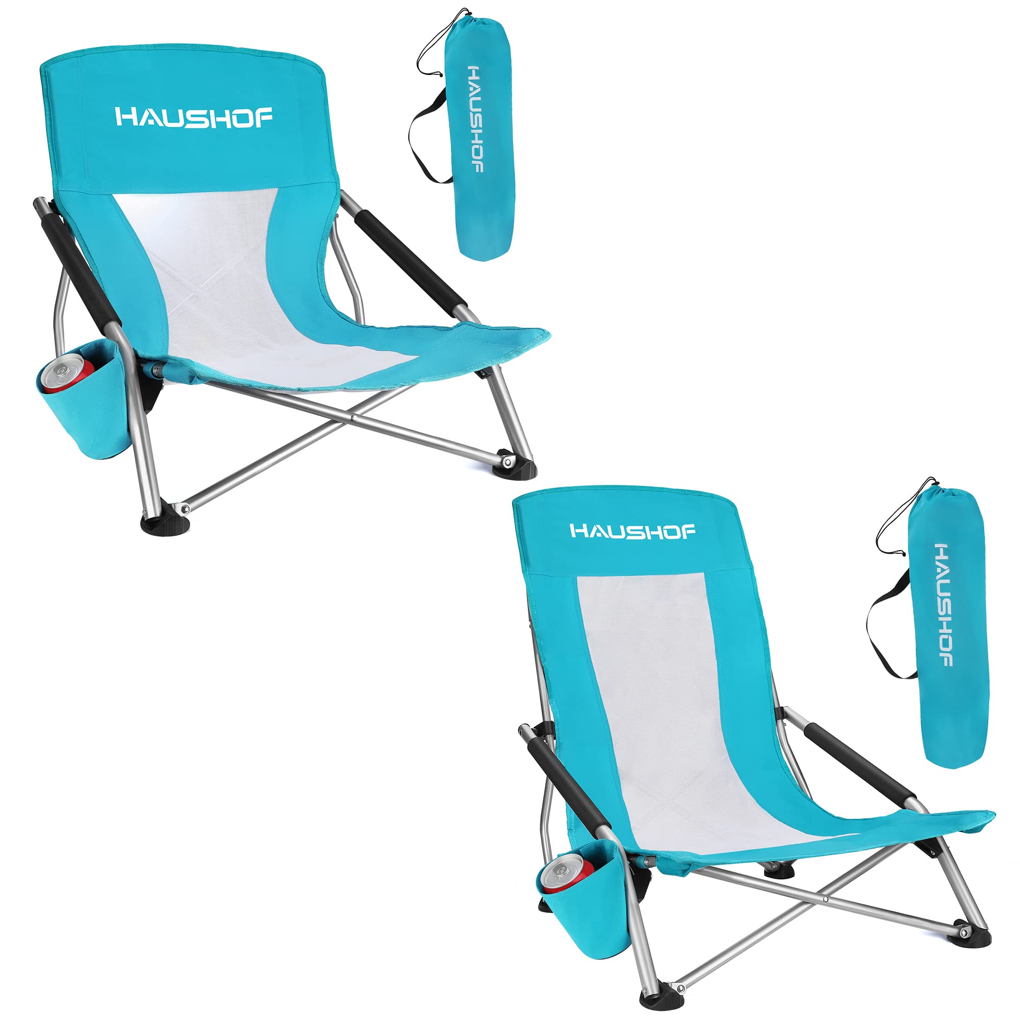HAUSHOF High Back & Low Beach Chairs Set - Lightweight Folding Camping Chairs with Mesh Back, Cup Holder & Carry Bag - Comfortable Padded Armrests for Outdoor, Beach, Lawn, Camping, Picnics & Festivals | Perfect for Summer Relaxation & Backyard Gatherings