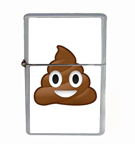 Poop Emoji Flip Top Oil Lighter with Silver Case - Windproof Refillable Lighter for Cigarettes, Candles & Outdoor Use