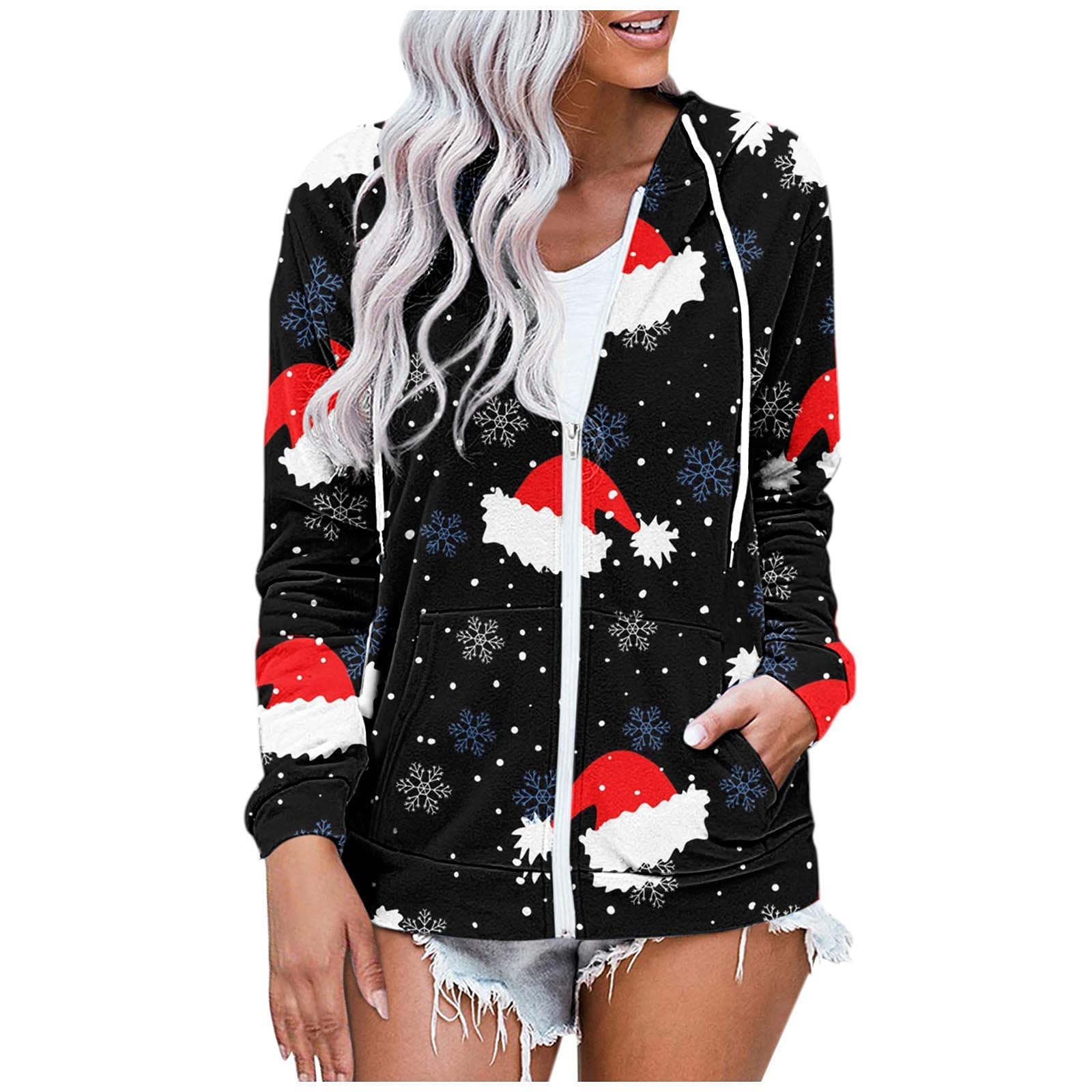 Women's Fleece Zip-Up Hoodie with Pockets - Soft Fuzzy Christmas Print Jacket for Casual Wear & Outdoor Activities