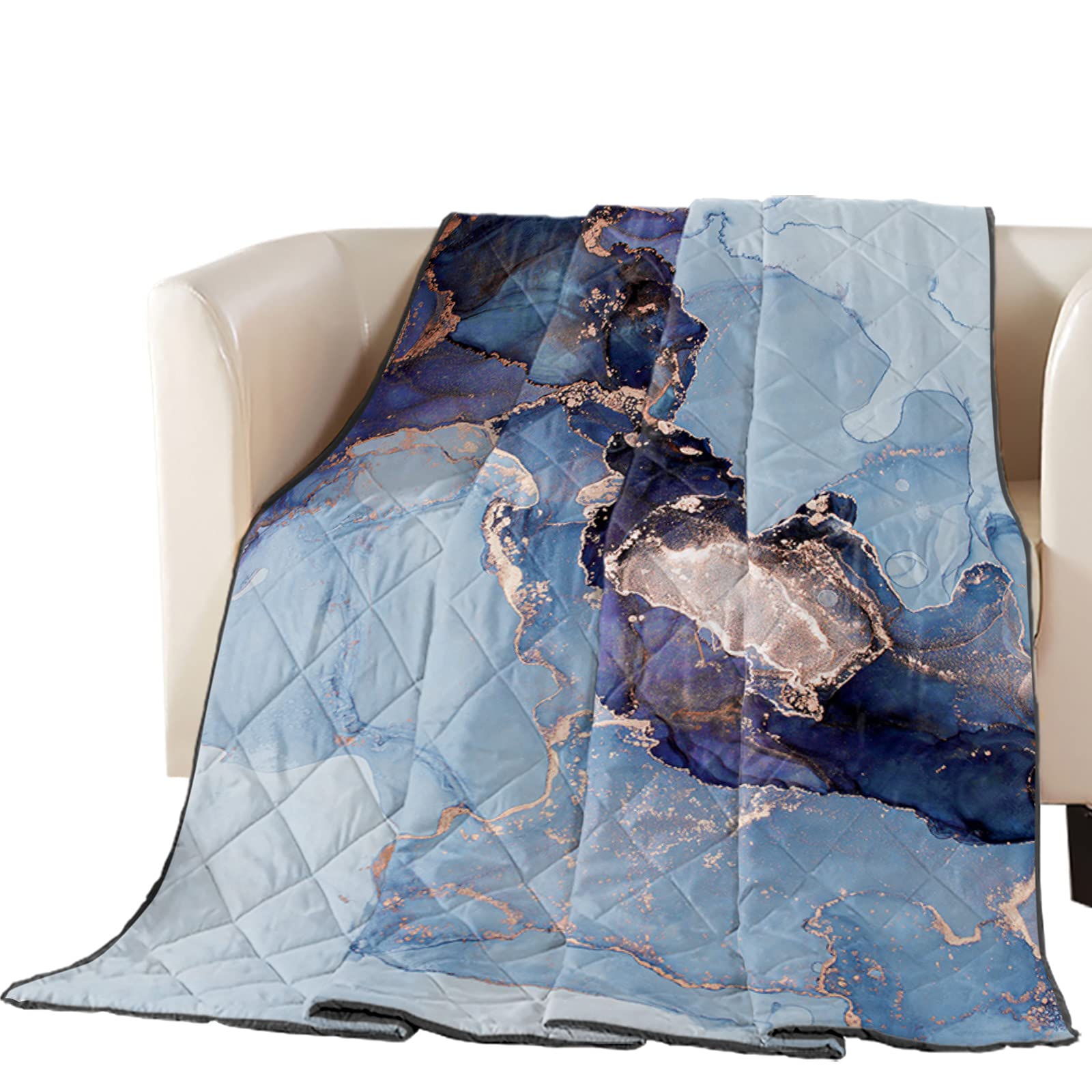 Lightweight Reversible Marble Texture Comforter - Abstract Blue & Purple Quilt with Gold Glitter Splatter - 90x102 Inch King Size Bedspread for Couch, Sofa & Bed - Perfect for Living Room Decor, Guest Room & Cozy Nights