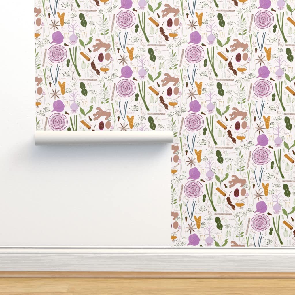 Premium Commercial Grade Wallpaper 27ft x 2ft - Spices & Vegetables Print (Garlic, Onion) Scandi Traditional Design by Spoonflower | Perfect for Kitchen, Restaurant, Cafe Decor
