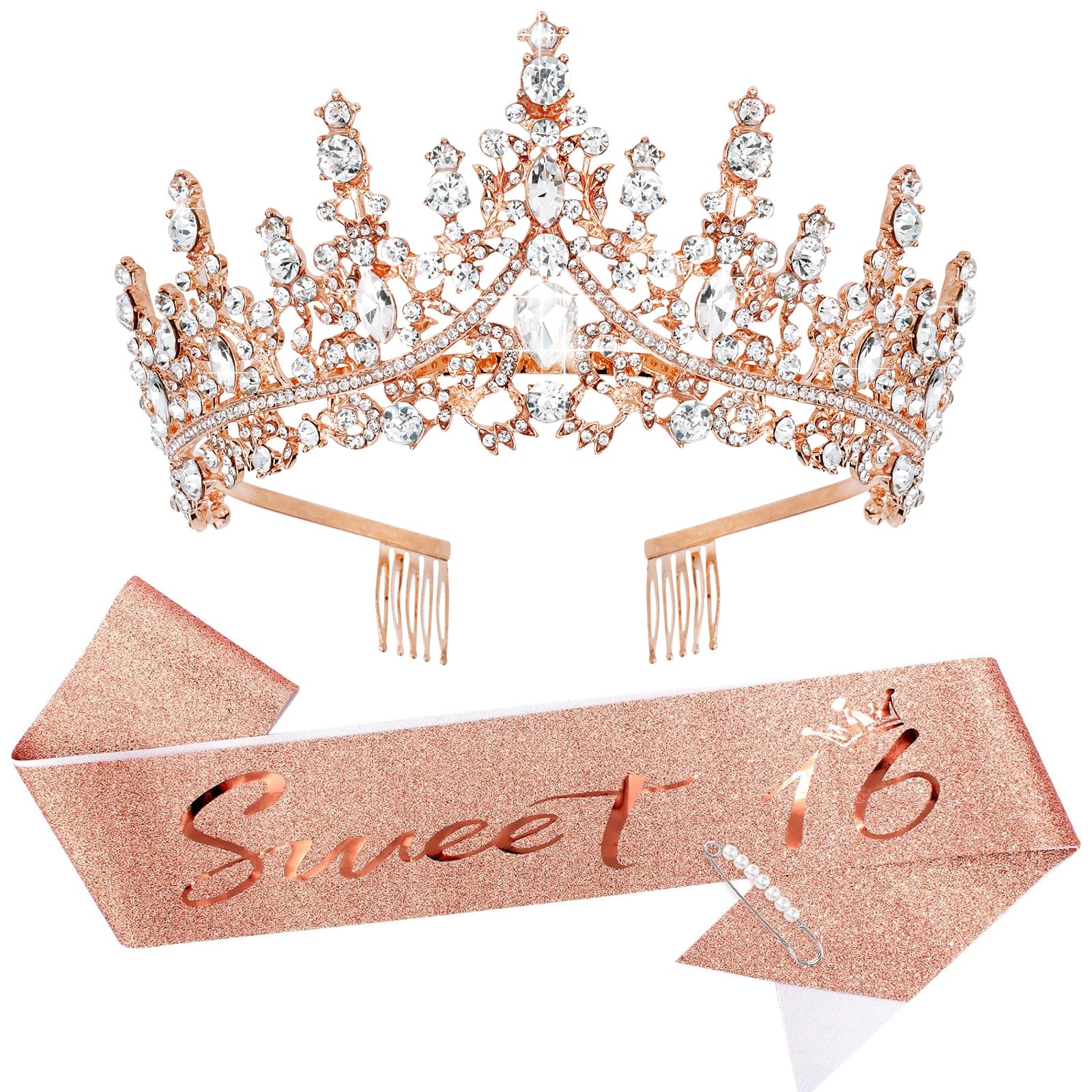 Casoty Sweet 16 Birthday Sash & Tiara Set for Girls - Sparkling Glitter Sash with Pearl Pin - 16th Birthday Party Decorations & Gifts - Perfect for Sweet Sixteen Celebrations, Quinceañeras & Special Milestone Parties