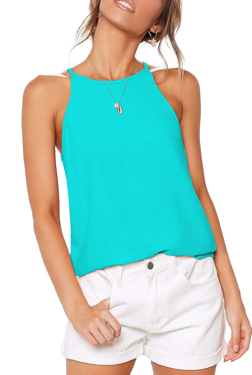 THANTH Women's Summer Sleeveless Halter Neck Tank Top - High Neck Casual Cami Tee for Beach, Vacation & Everyday Wear