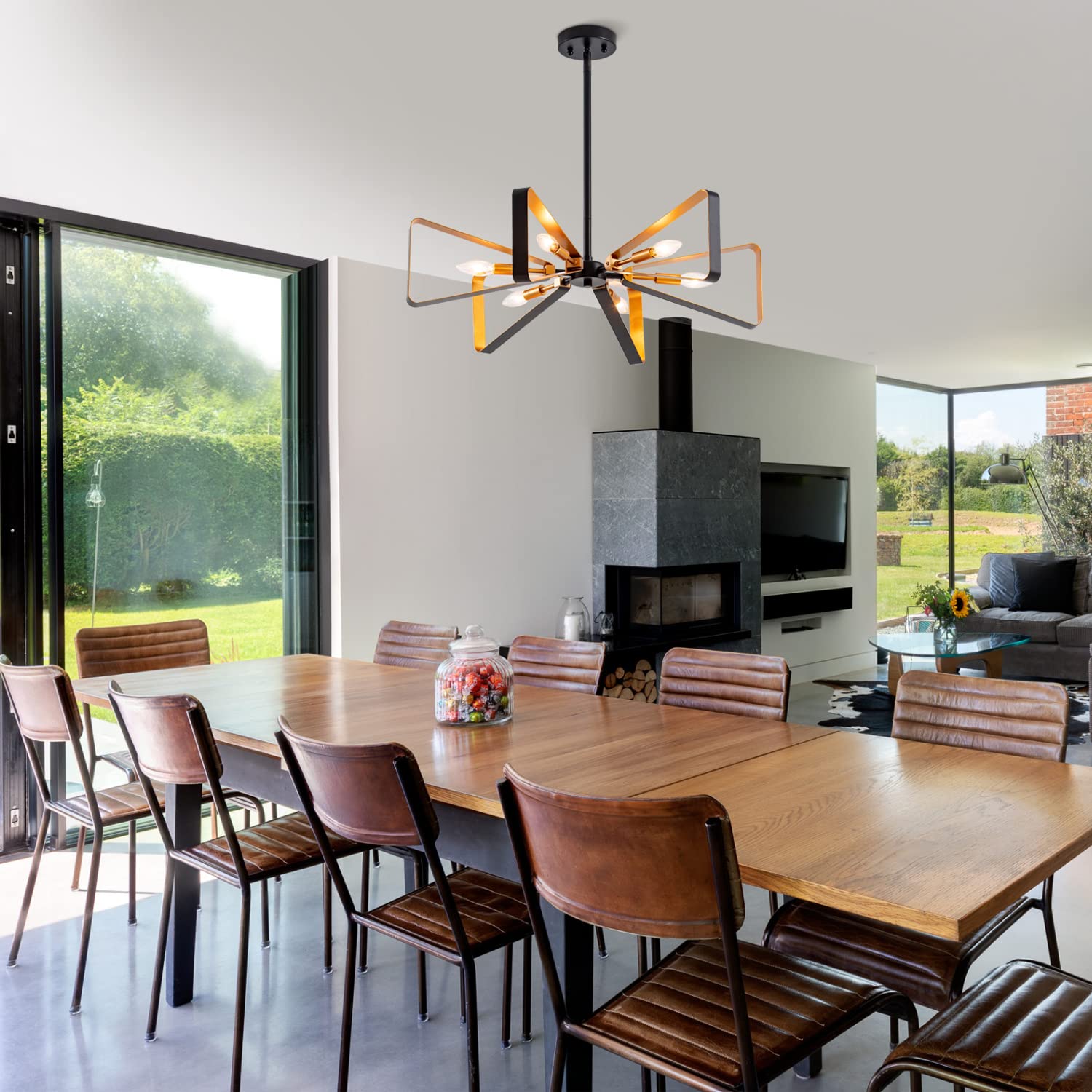 VILUXY Modern Geometric Pendant Light - 6-Light Mid-Century Chandelier with Matte Black & Brass Finish - Perfect for Dining Room, Kitchen, Living Room Lighting | Elegant Ceiling Fixture for Home Decor & Interior Design