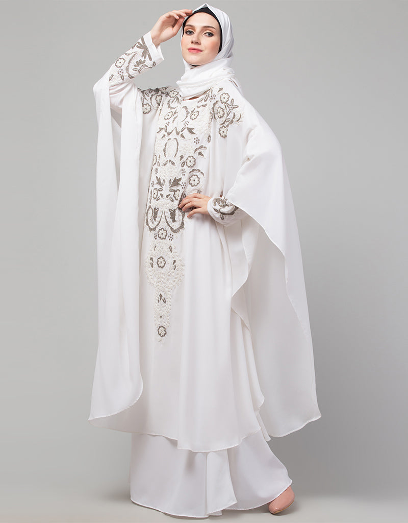 Elegant Arabic White Matt Nida Golden Embroidery Abaya Dress for Women - Perfect for Prayer, Special Occasions & Modest Fashion