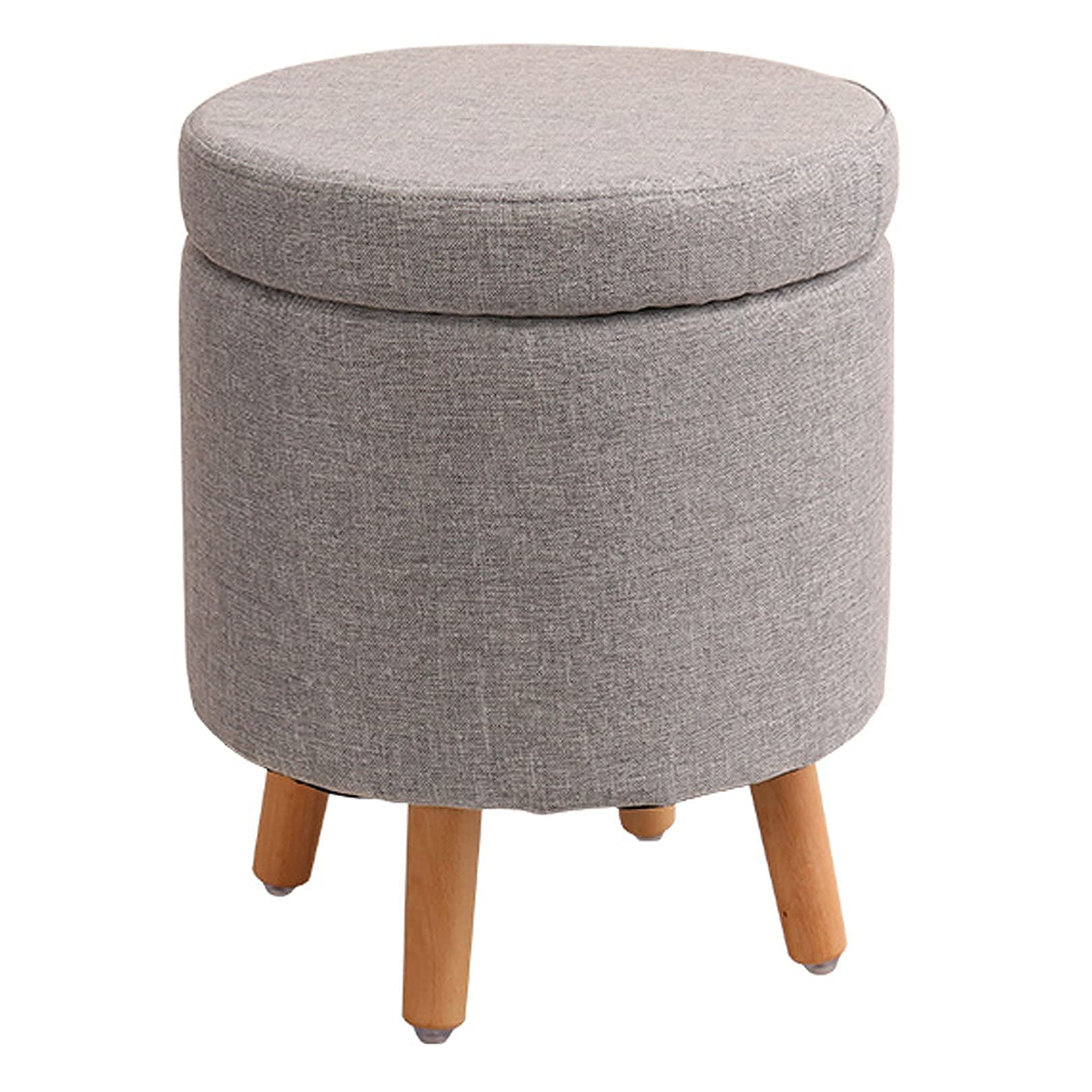 CHEWYNP Wooden Leg Footstool - Round Upholstered Storage Ottoman with Removable Washable Cotton Linen Cover, Grey (32cm x 40cm) - Perfect for Living Room, Bedroom & Home Decor