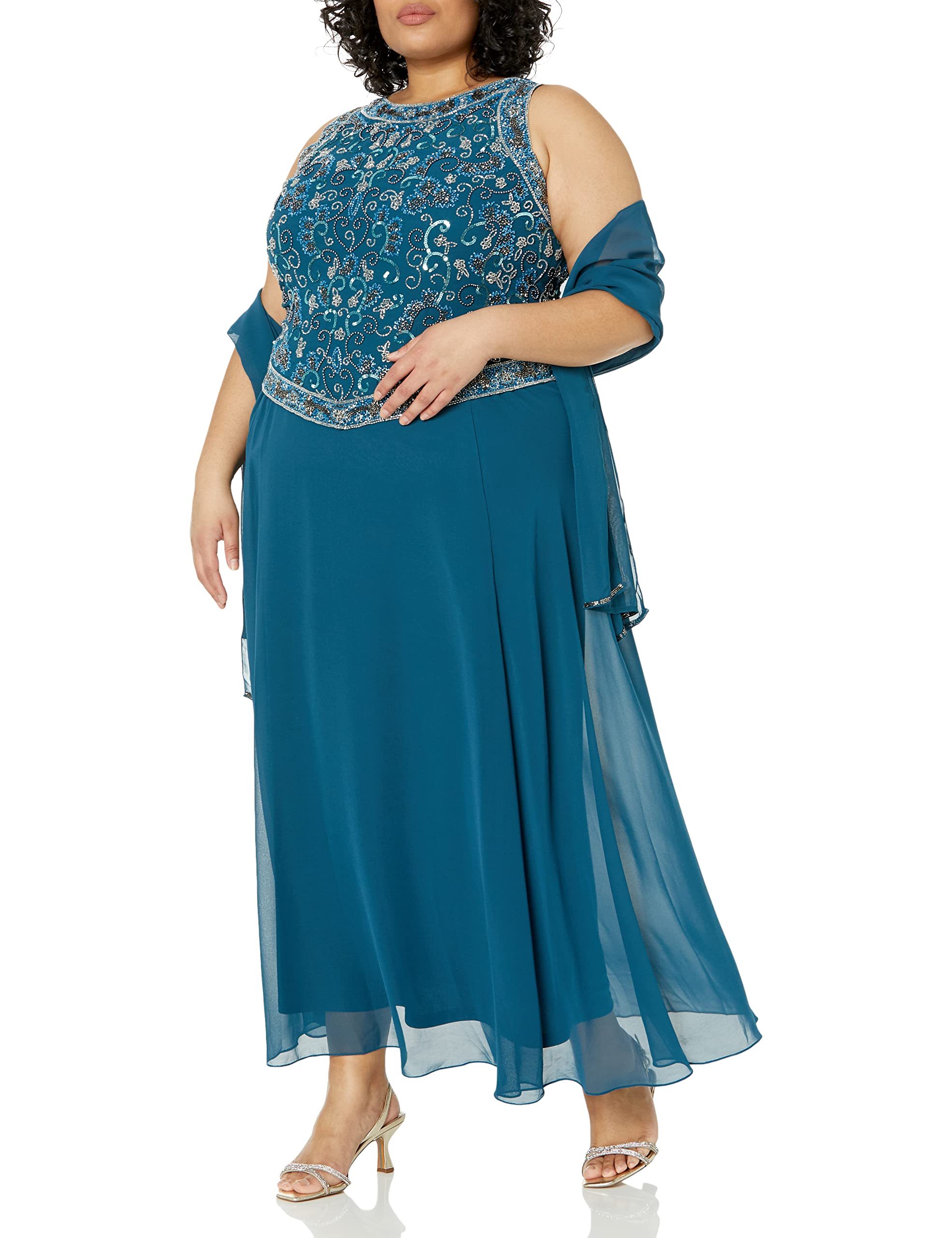 J Kara Women's Plus Size Long Beaded V-Neck Dress with Scarf - Elegant Evening Gown for Wedding, Party & Special Occasions