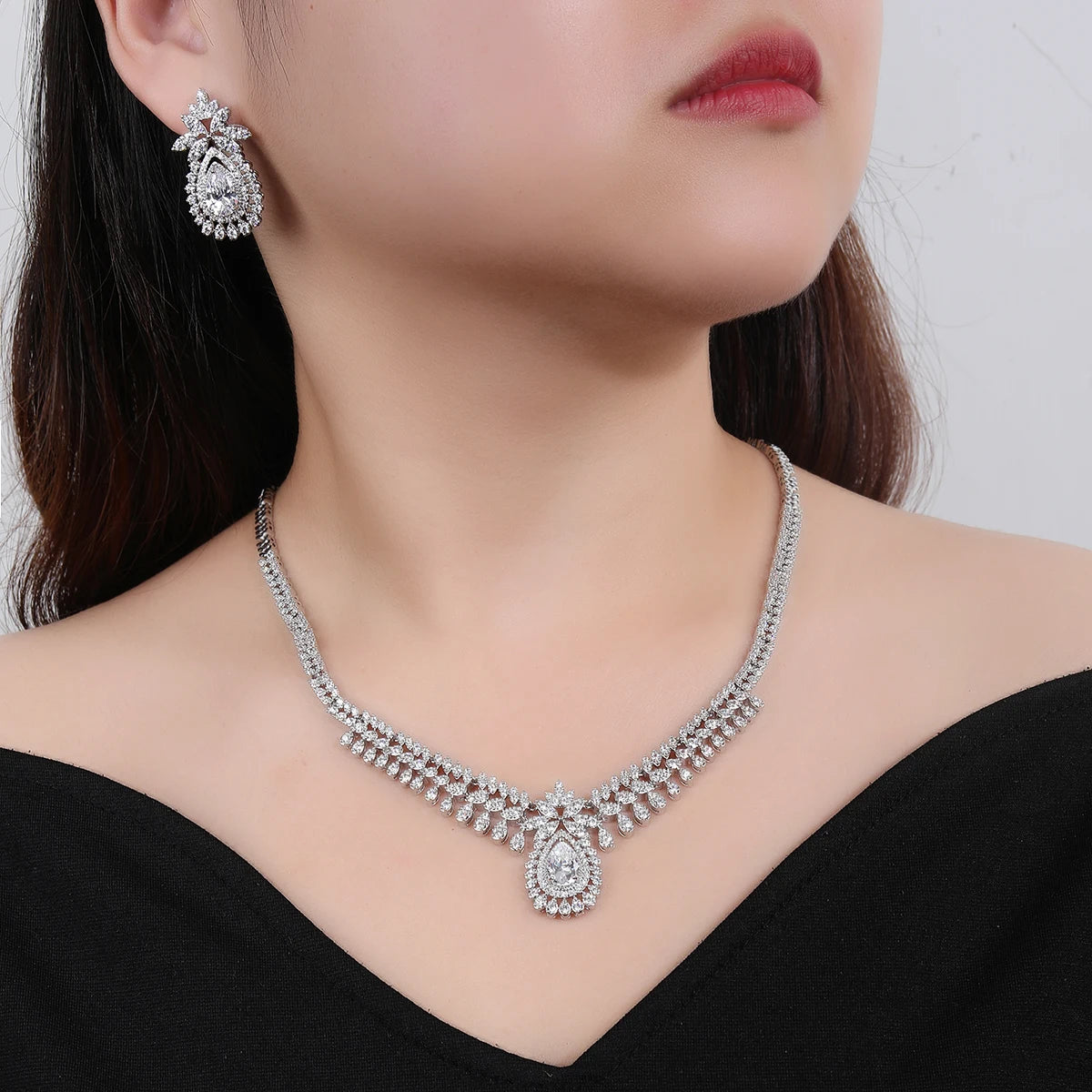 Elegant Cubic Zirconia Bridal Jewelry Set - Wedding Necklace & Pendant Earrings for Bride, CN11042 | Perfect for Weddings, Anniversaries & Special Occasions