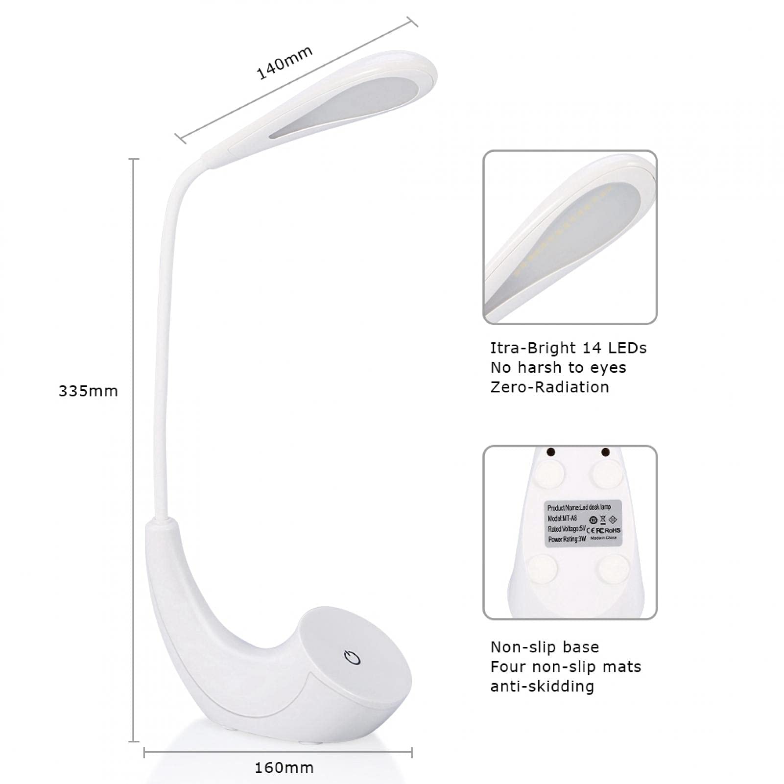 USB LED Desk Lamp with Flexible Neck - Touch Control 3 Brightness Levels - Perfect for Reading, Studying & Bedside Lighting