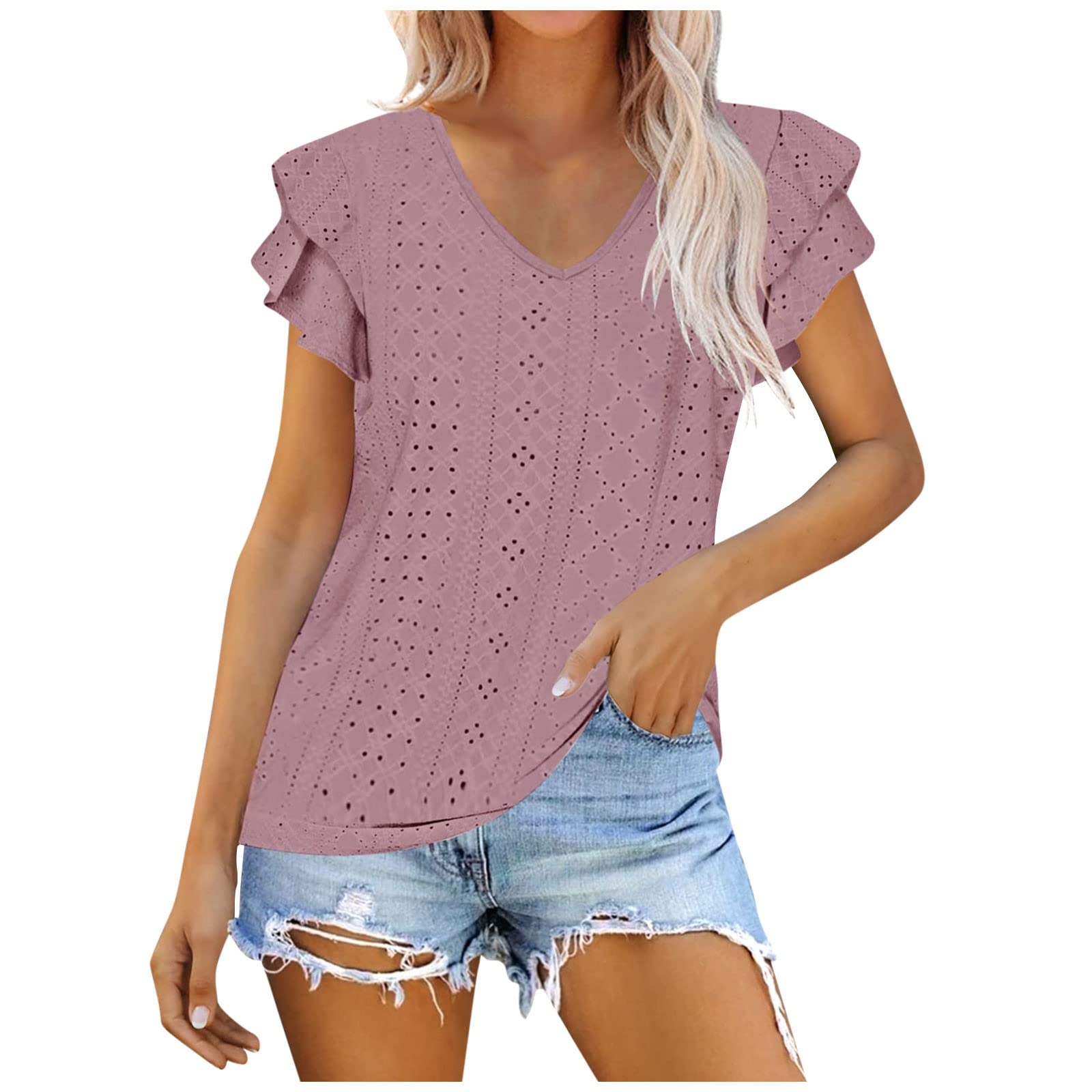 Women's Summer V-Neck T-Shirt | Casual Hollow Out Ruffle Sleeve Blouse | Perfect for Beach, Vacation & Everyday Wear