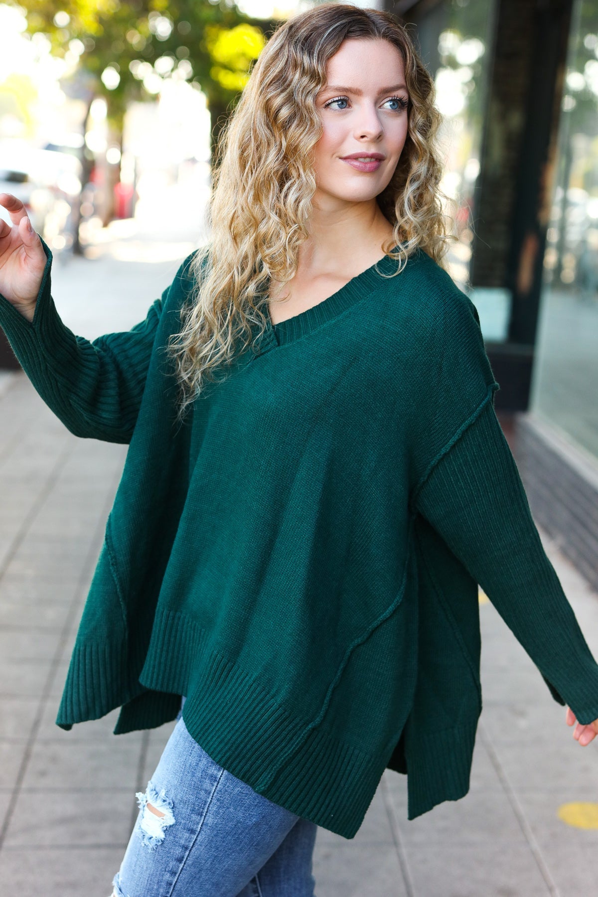 Stylish Hunter Green Oversized V-Neck Rib Knit Sweater for Women - Cozy Fall & Winter Layering Essential