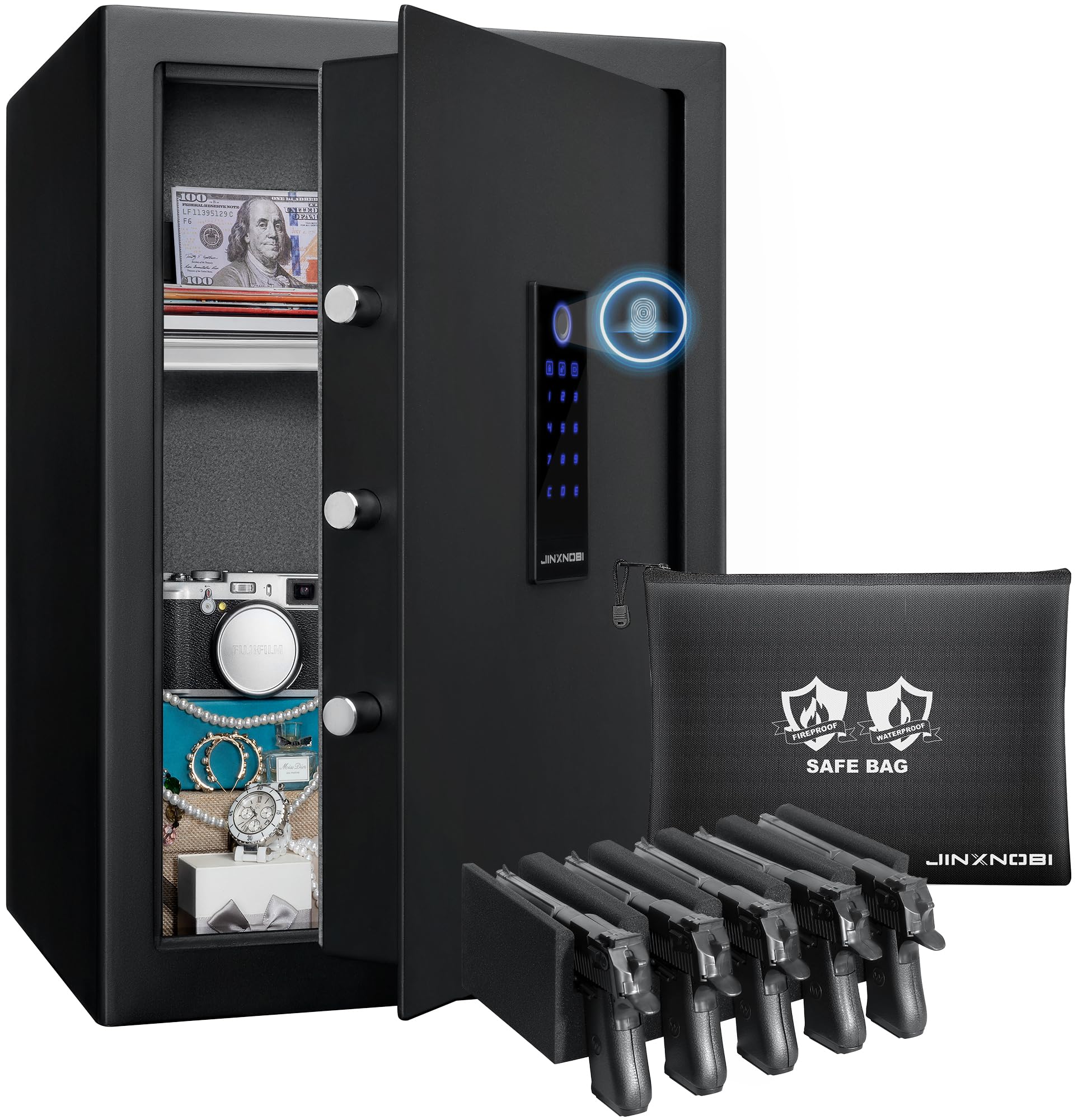 2.63 Cubic Feet Biometric Fingerprint Safe Box - Fireproof & Waterproof Security Safe with Smart Touch Lock for Home, Office, Hotel - Includes 5-Gun Rack for Pistols Storage - Perfect for Valuables, Documents & Firearm Protection