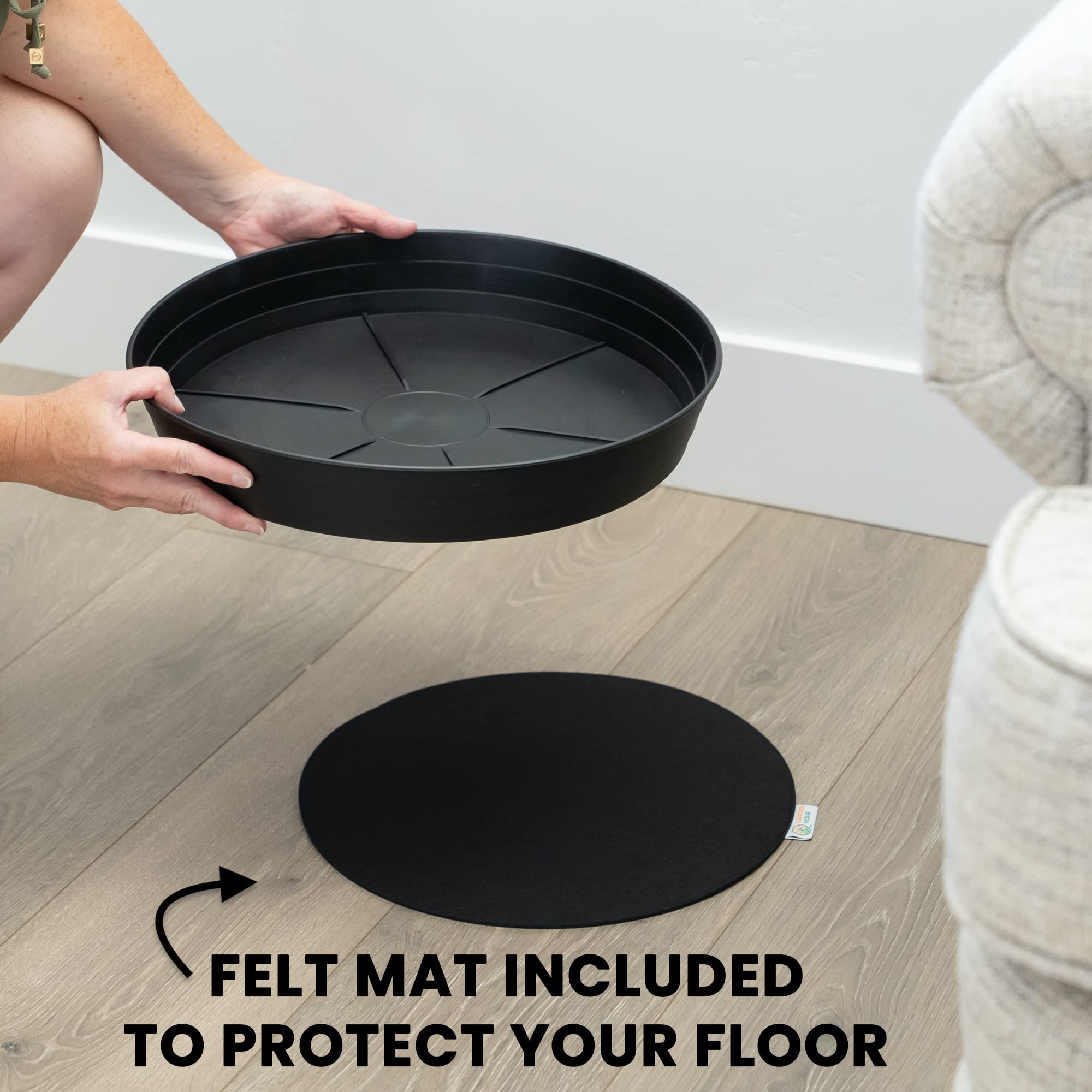 16 Inch Large Plant Saucers for Potted Plants - Extra Deep Drip Trays with Felt Mat for Floor Protection - Plastic Plant Trays for Indoor Use (No Holes) - 16W x 2.25D in - Perfect for Houseplants, Flower Pots, and Indoor Gardening