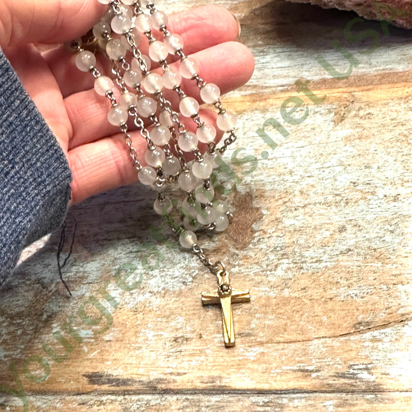 Vintage Italian Silky White Glass Bead Stanhope Rosary with Lord's Prayer - Perfect for Catholic Prayer, Meditation & Religious Gifts