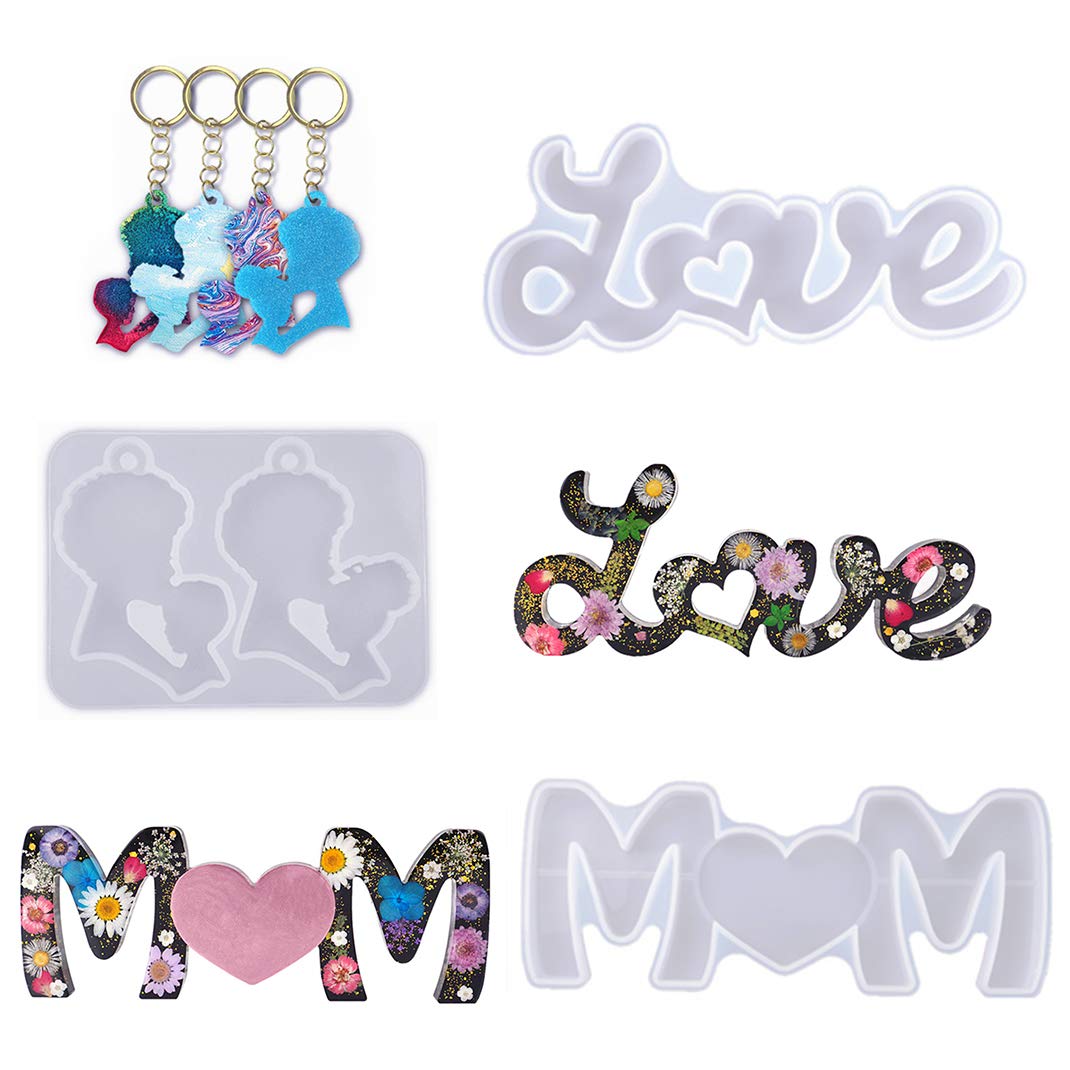 DIYBravo 3-Piece Heart Word Resin Molds Set - Love Mom Silicone Keychain Molds for DIY Crafting, Mother's Day Gifts & Birthday Decorations - Perfect for Resin Jewelry Making, Keychain DIY Projects & Handmade Gifts (3 Molds)