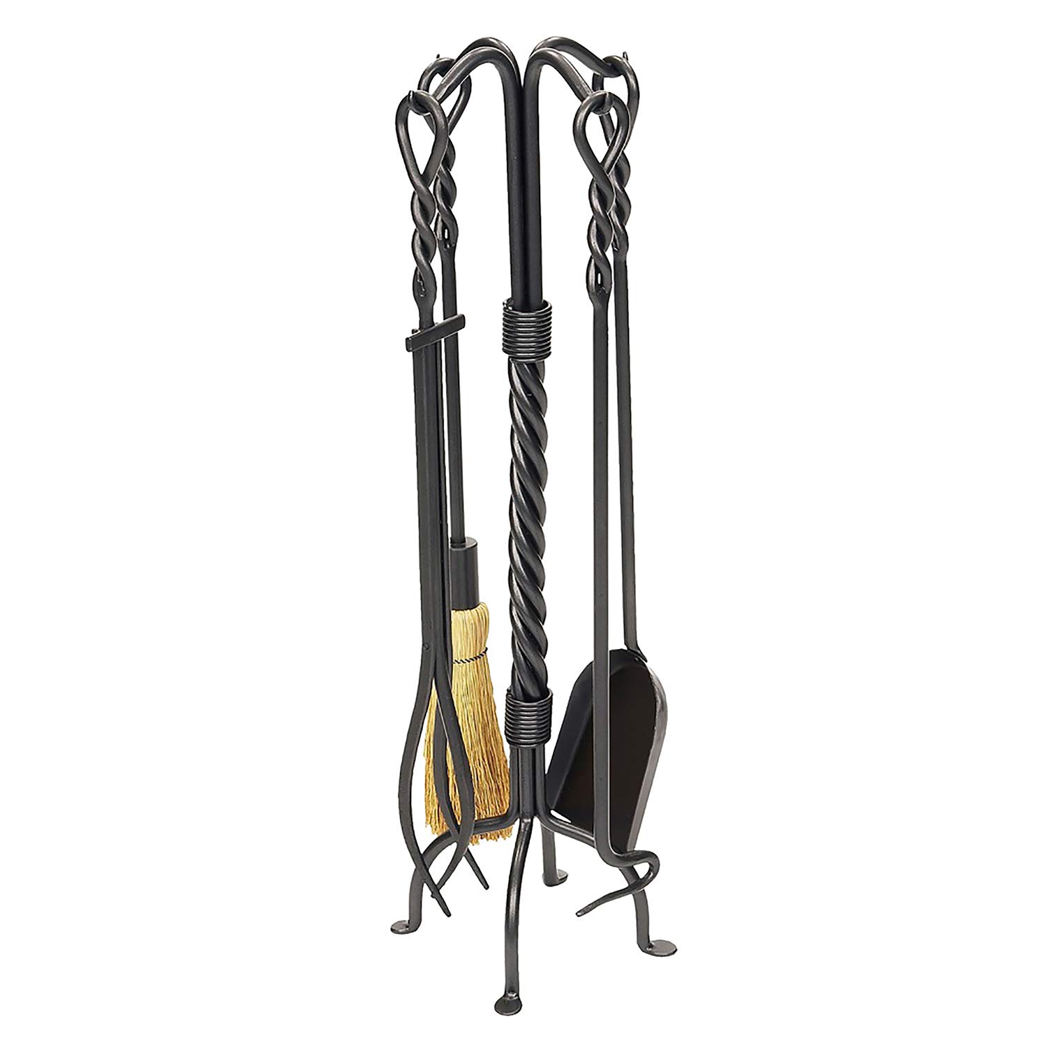 5-Piece Twisted Rope Wrought Iron Fireplace Tool Set in Graphite - Heavy Duty Fireplace Accessories for Wood Burning Stoves & Fire Pits