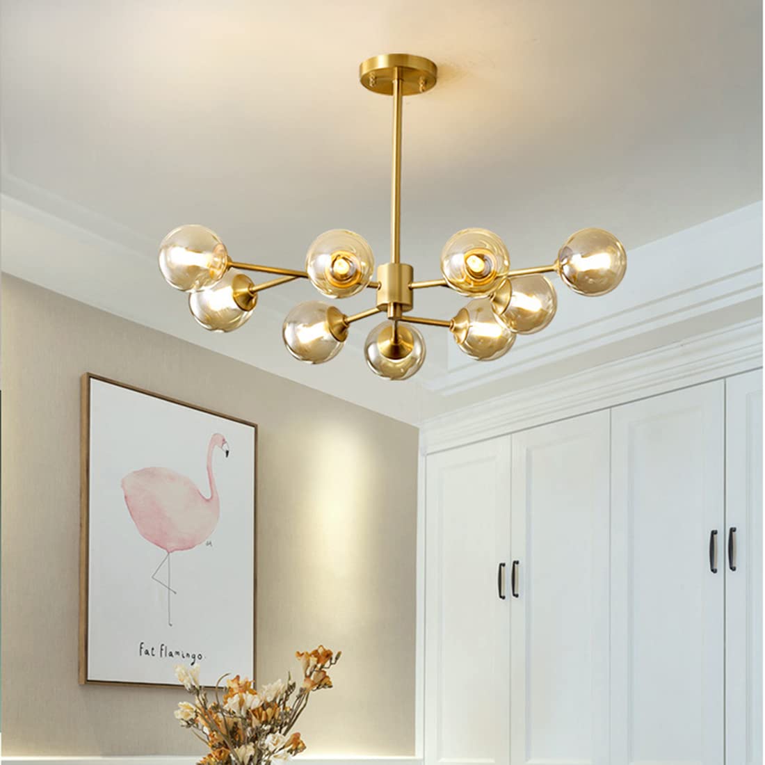 9-Light Gold Brass Linear Chandelier - Glass Globe Pendant Light Fixture for Dining Room, Bedroom, Living Room & Hallway | Modern Molecule Design & Warm Ambient Lighting | Perfect for Home Decor, Wedding Venues & Restaurant Lighting