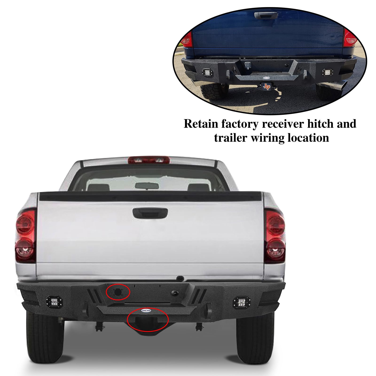 Hooke Road Heavy Duty Steel Rear Bumper for 2002-2008 Dodge Ram 1500 Pickup Truck - Durable Off-Road Protection & Towing Upgrade - Perfect for Off-Roading, Overlanding & Work Trucks
