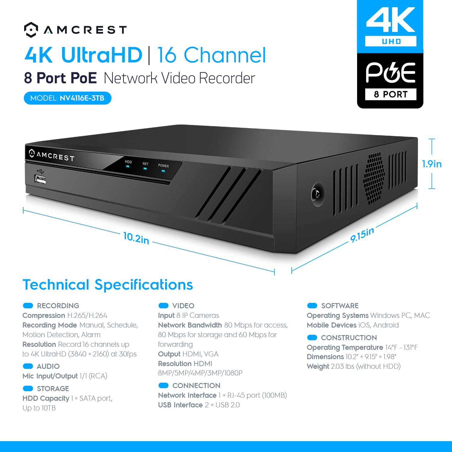 Amcrest NV4116E-A2 4K 16CH 8-Port PoE NVR Security System with 3TB HDD - Supports 16x 8MP IP Cameras (1080p/3MP/4MP/5MP/8MP) - Ideal for Home & Business Surveillance