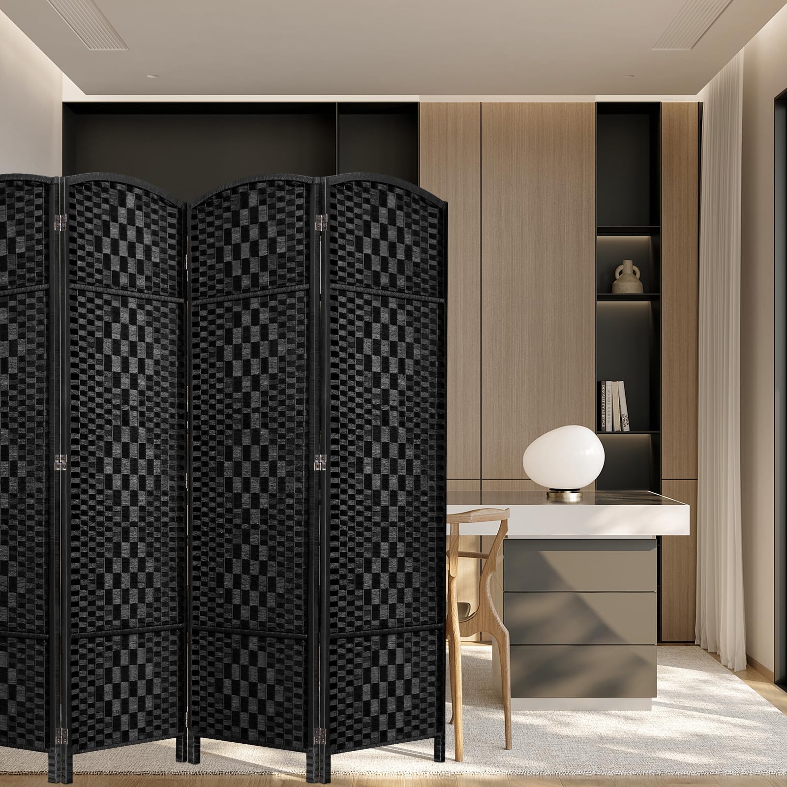 4-Panel Folding Room Divider Privacy Screen - 6ft Tall, 16in Wide Temporary Wall Partition for Home & Office - Black Space Separation Panel for Bedroom, Living Room, or Workspace