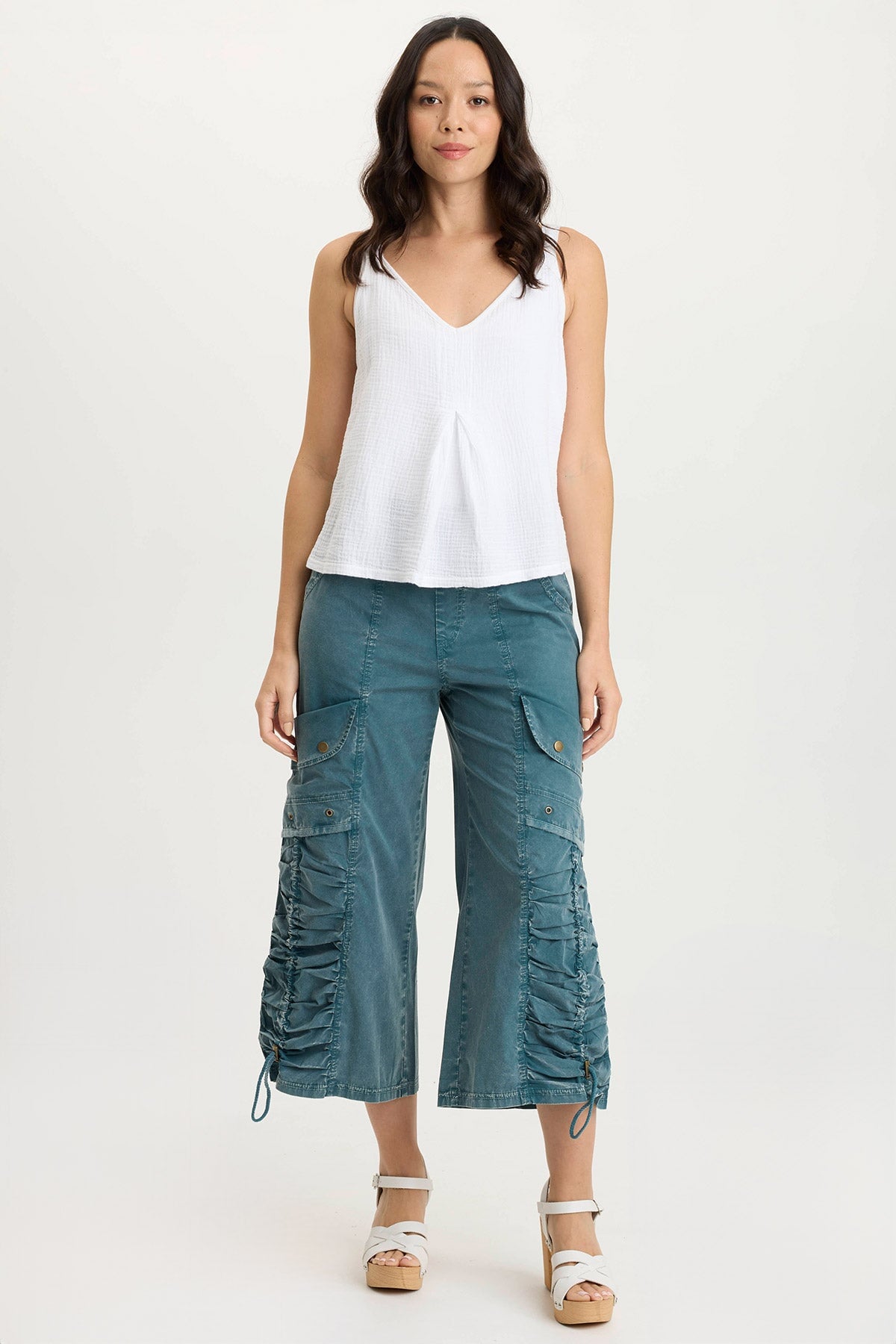 Muldoon Women's Poplin Ruched Wide Leg Crop Pants - Comfortable High Waisted Summer Trousers for Casual Wear & Office Outfits