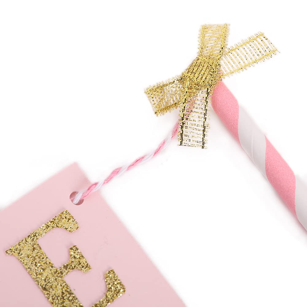 Pink and Gold 1st Birthday Cake Topper for Baby Girls - First Birthday Party Decorations, Cake Smash Banner, Paper Straw Cake Decor - Perfect for 1 Year Old Birthday Cakes, Baby Showers, and Photo Backdrops