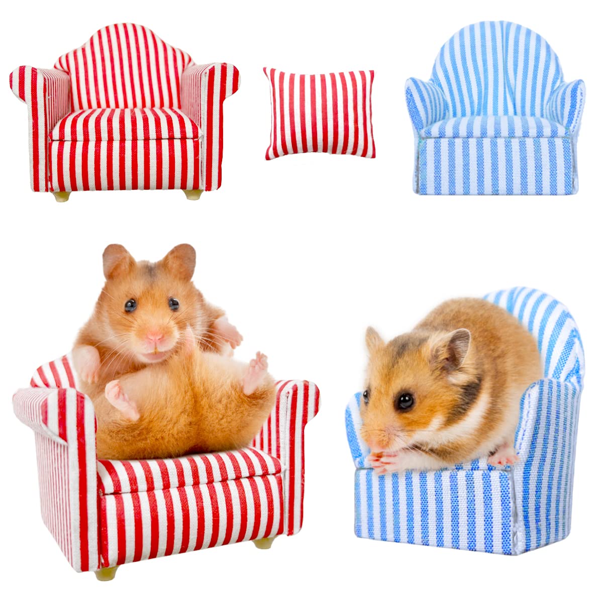 2pcs Mini Cotton Striped Hamster Sofa Bed - Soft Small Animal Chair & House for Guinea Pigs, Sugar Gliders, Hedgehogs, Lizards | Cozy Pet Furniture Accessories for Cages, Playpens & Home Decor