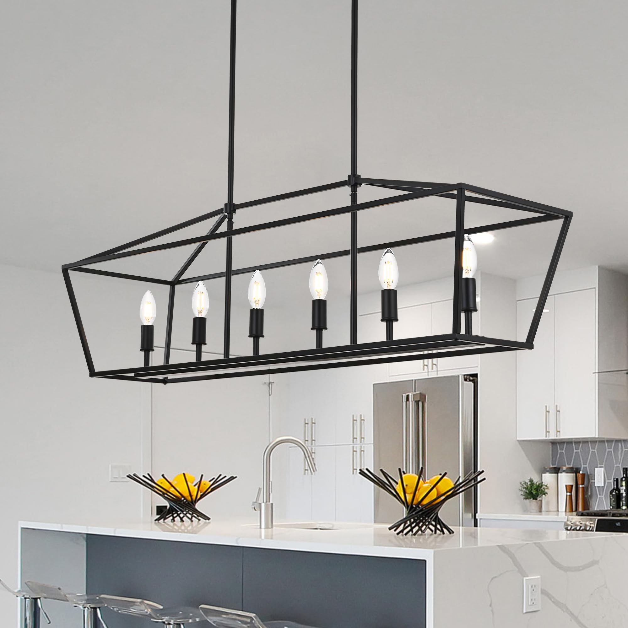 6-Light Black Farmhouse Chandelier - Kitchen Island Lighting Fixture with E12 Base for Dining Room, Bedroom & Living Room | Rustic Home Decor & Ambient Lighting