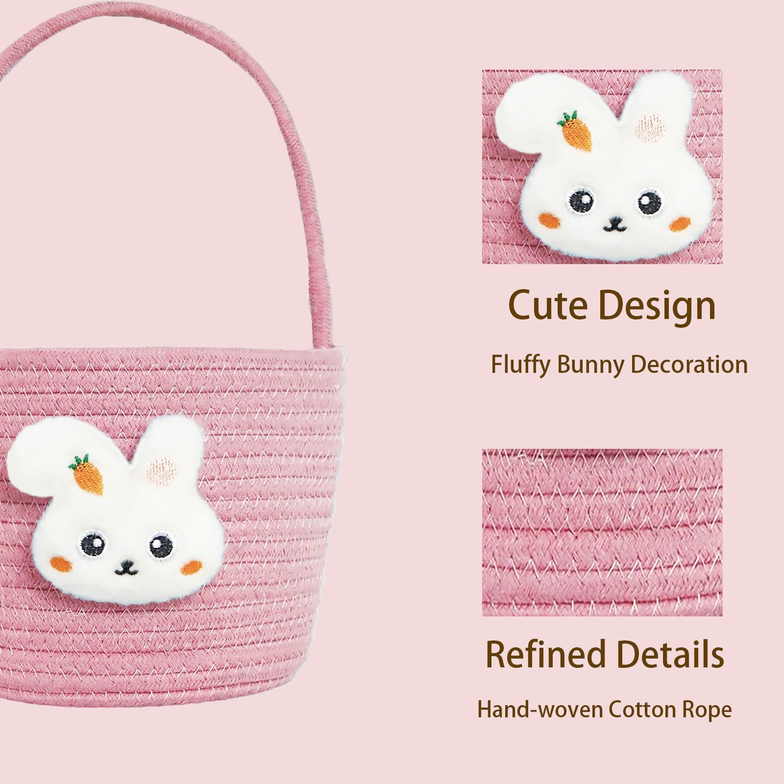 Easter Basket for Kids - Woven Cotton Rope Bunny Basket with Gift Bags & Ribbons for Girls, Boys, Toddlers & Babies (Pink) - Perfect for Easter Egg Hunts, Spring Celebrations & Gift Giving