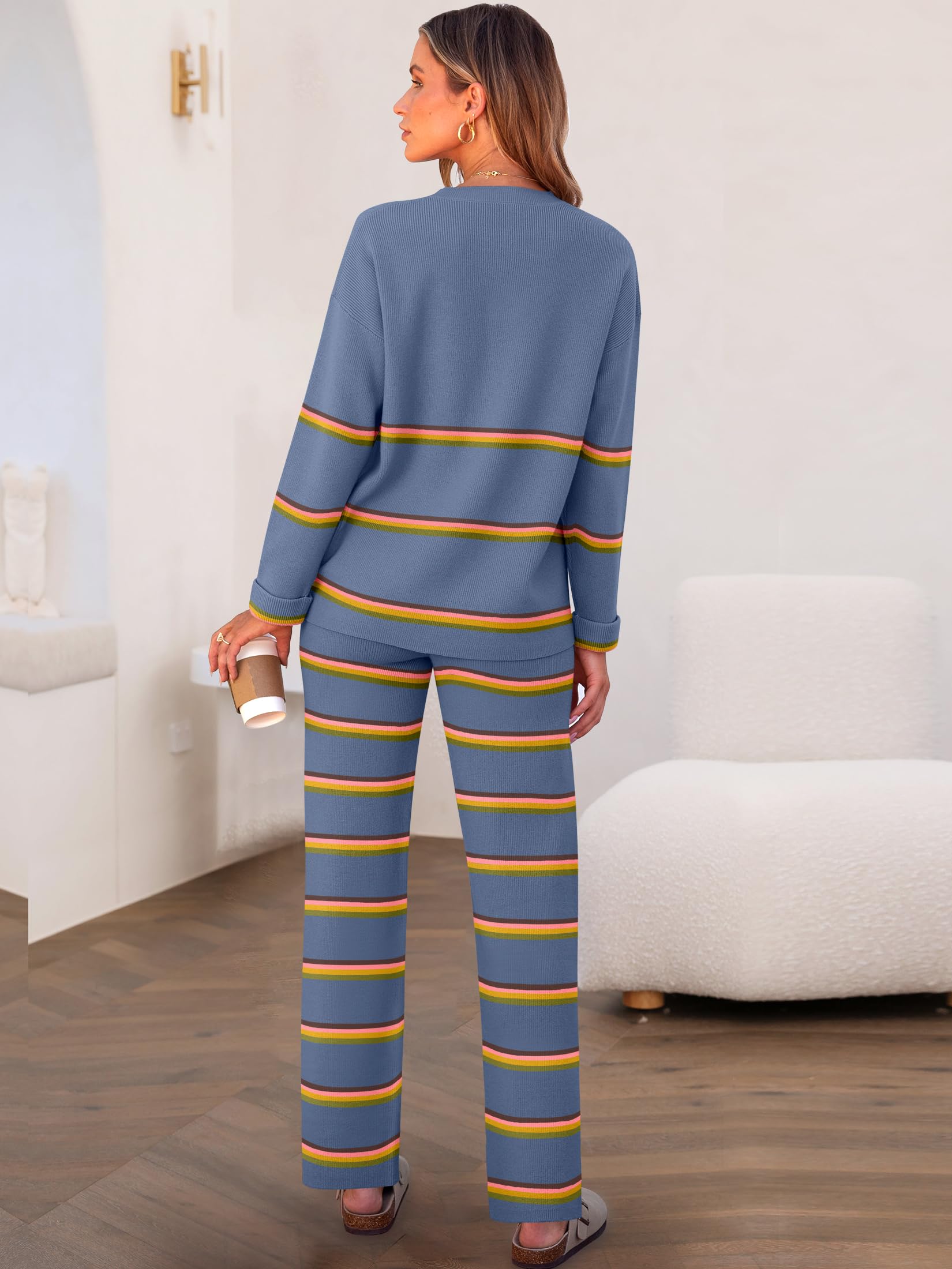 Caracilia Women's 2 Piece Sweater Set - Striped Oversized Knit Sweater with Wide Leg Lounge Pants | Cozy Fall Outfit 2024 | Perfect for Home Relaxation, Casual Outings & Autumn Photoshoots