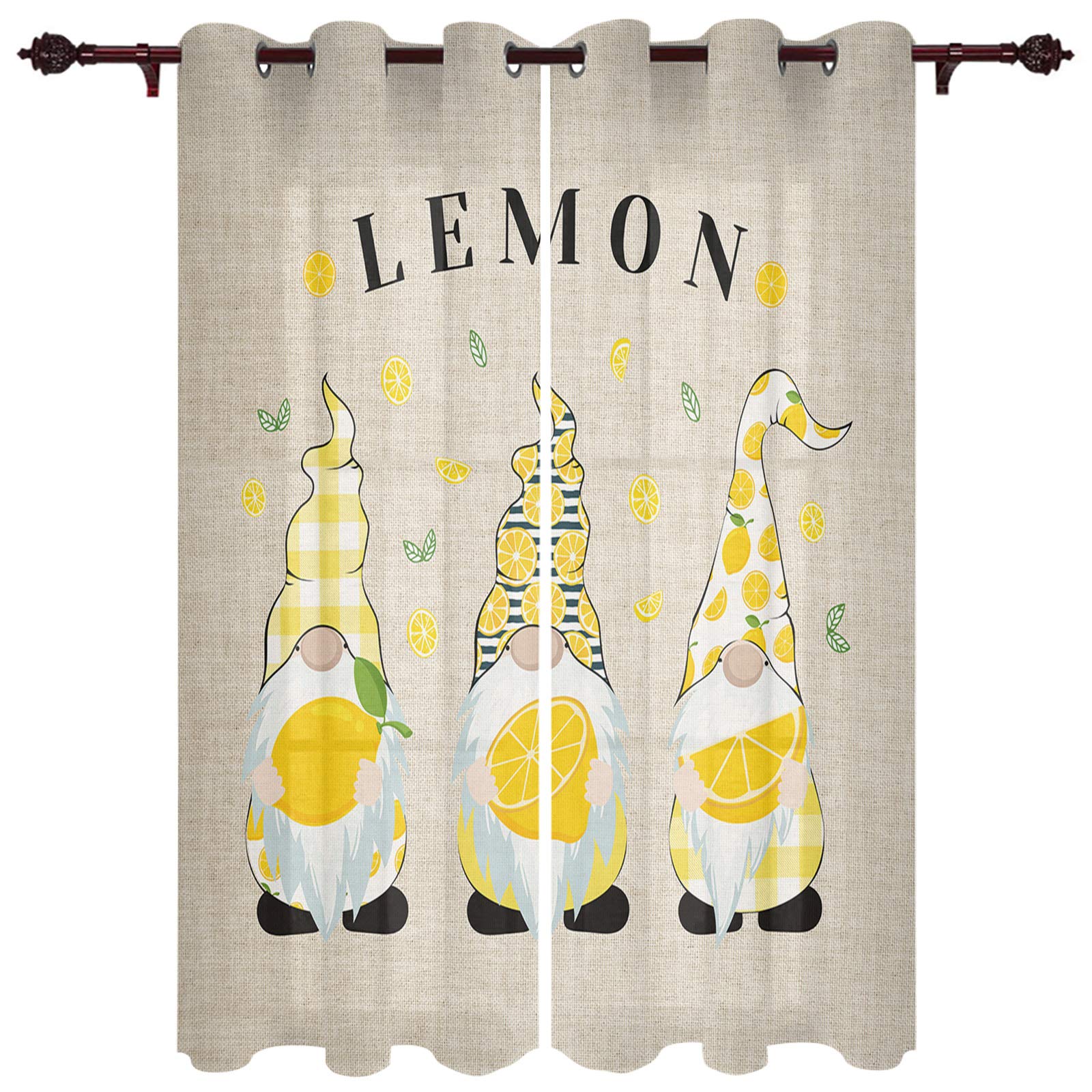 Lemon Gnome Sheer Curtains for Windows - 2 Panel Kitchen Tier Grommet Drapes, 72 Inch Length - Perfect for Living Room, Bedroom, Patio & Sliding Glass Doors | Summer Window Treatment & Home Decor