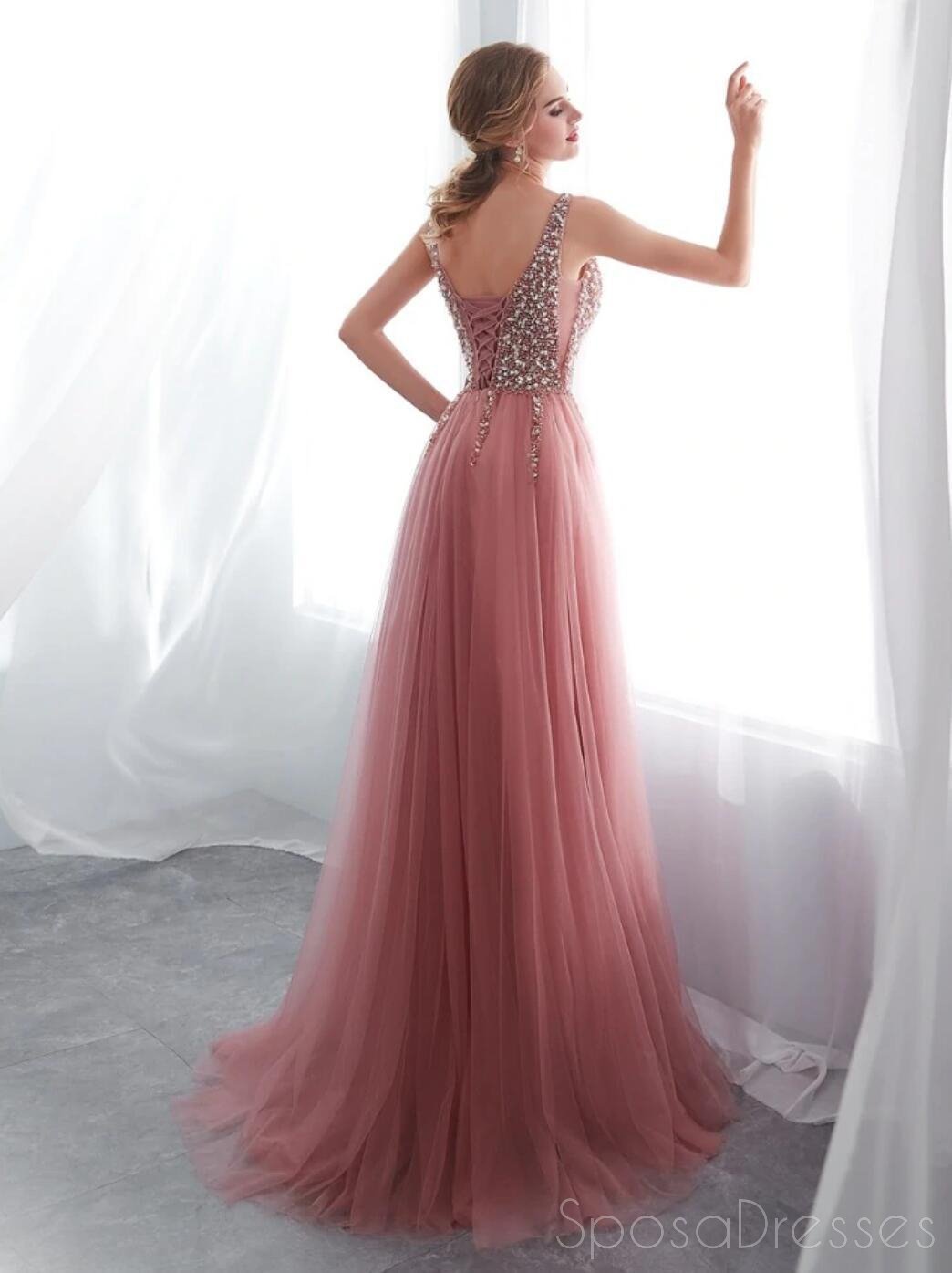 Elegant Dusty Pink V-Neck Beaded Long Evening Prom Dress with Side Slit | Custom Sweet 16 Dresses for Women | Perfect for Prom Night, Homecoming, Formal Events & Special Occasions
