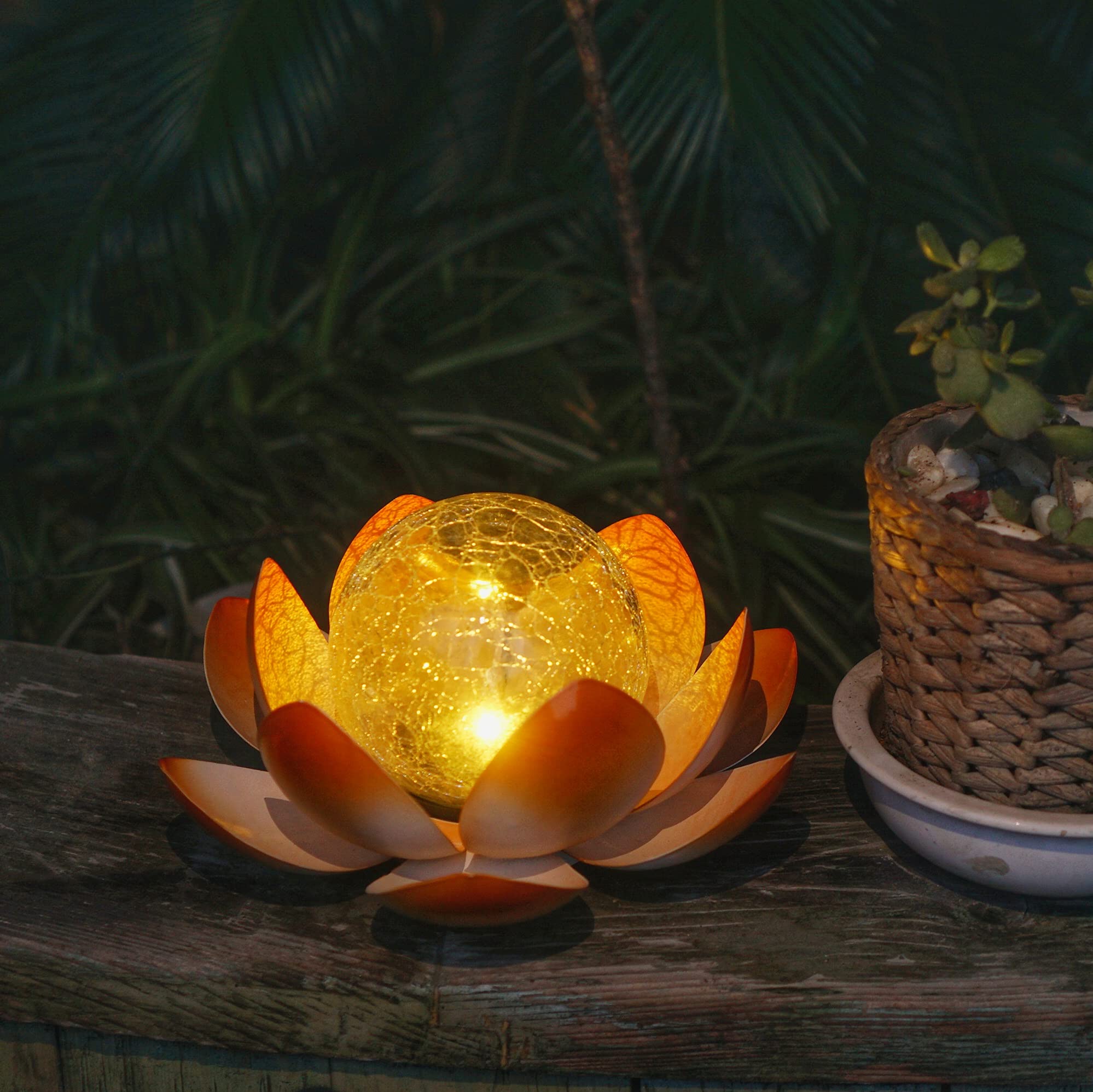 Decorman Solar Garden Lights Outdoor - Waterproof Crackle Glass Lotus LED Flower Lights for Yard, Patio, Lawn, Pathway Decor (1 Pack, Orange) | Perfect for Romantic Evening Ambience, Wedding Decorations & Landscape Lighting
