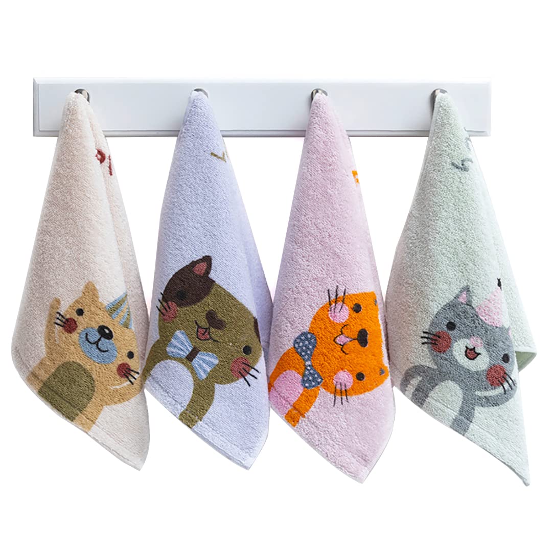 Kissvian 4 Pack Cute Cat Pattern Hand Towels | 100% Cotton Kids Bathroom Towels | Soft Animal Washcloths for Children | Perfect for Bath Time, Nursery Decor & Gentle Skin Care