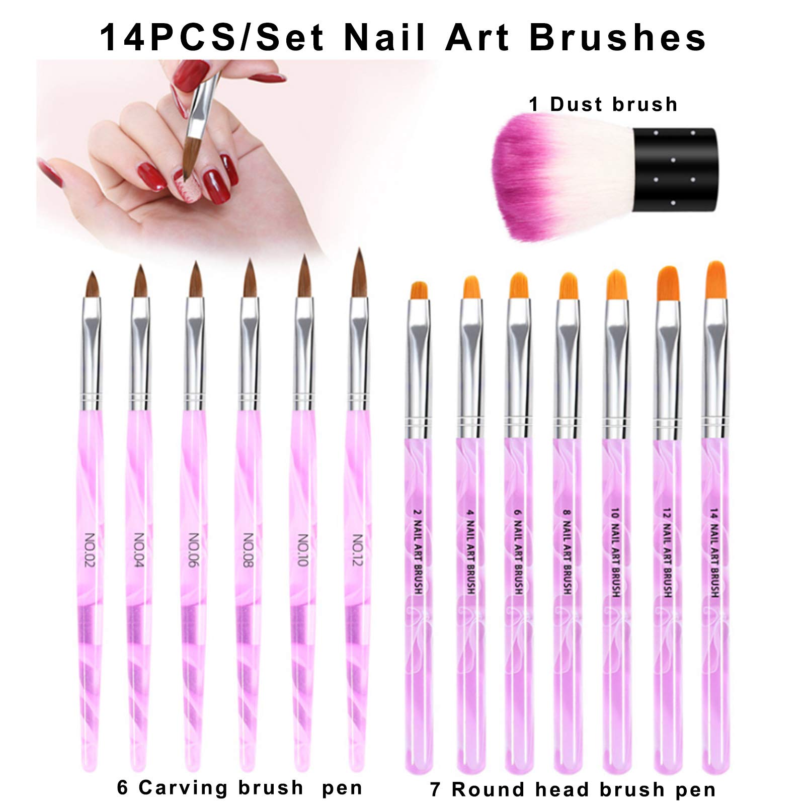 14pcs Acrylic Nail Brush Kit - Professional Nail Art Design Pen Set with UV Builder Brush & Dust Brush Tools (Multicolor) for Salon, Home Manicure & DIY Nail Art