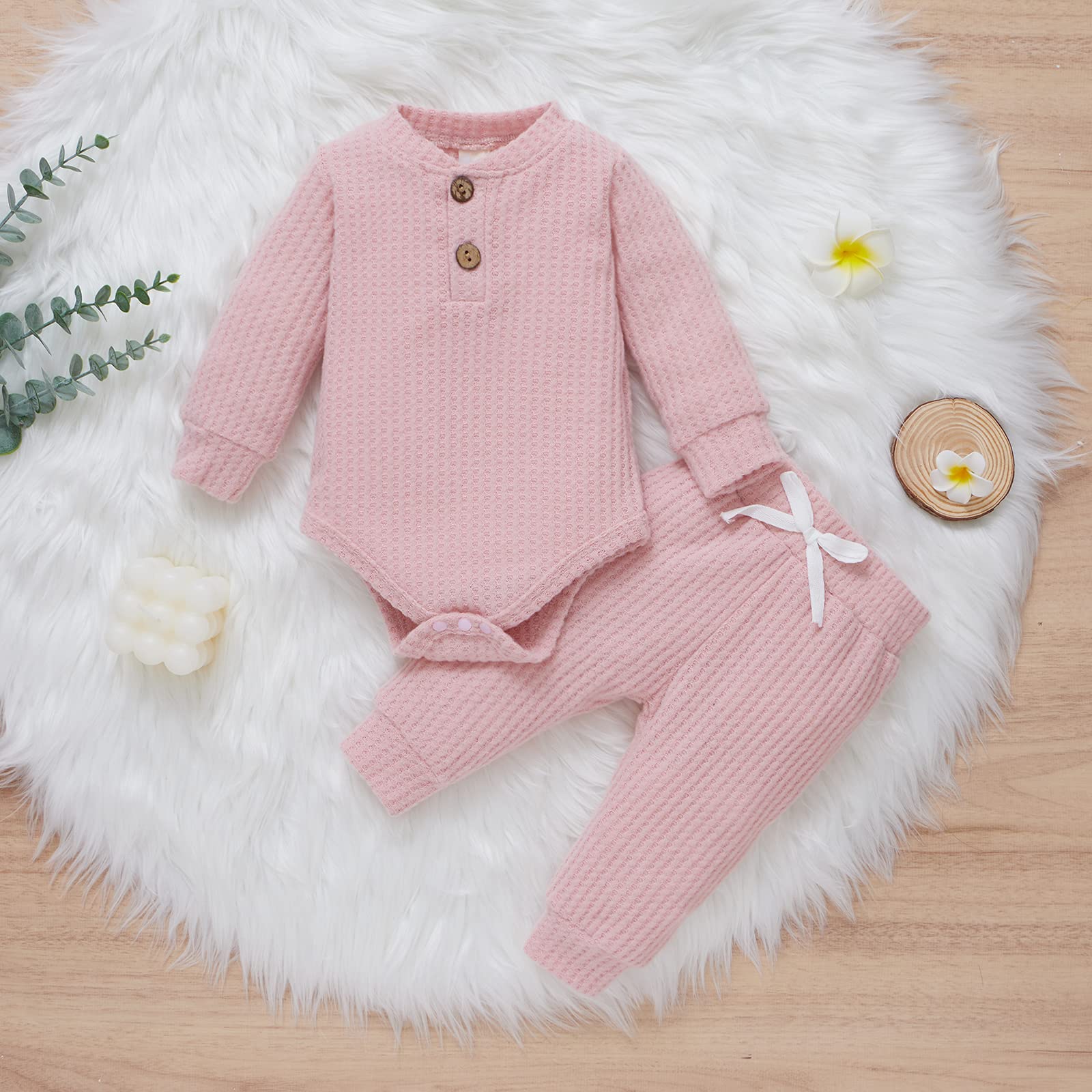 Fall Winter Newborn Baby Clothes Set - Unisex Infant Waffle Knit Outfit with Long Sleeve Top & Pants | Cozy Winter Wear for Babies