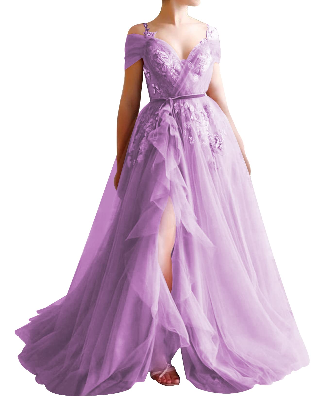 Elegant Off-The-Shoulder Tulle Prom Dress with V-Neck & High Slit - Formal Evening Gown for Homecoming, Quinceañera & Special Occasions