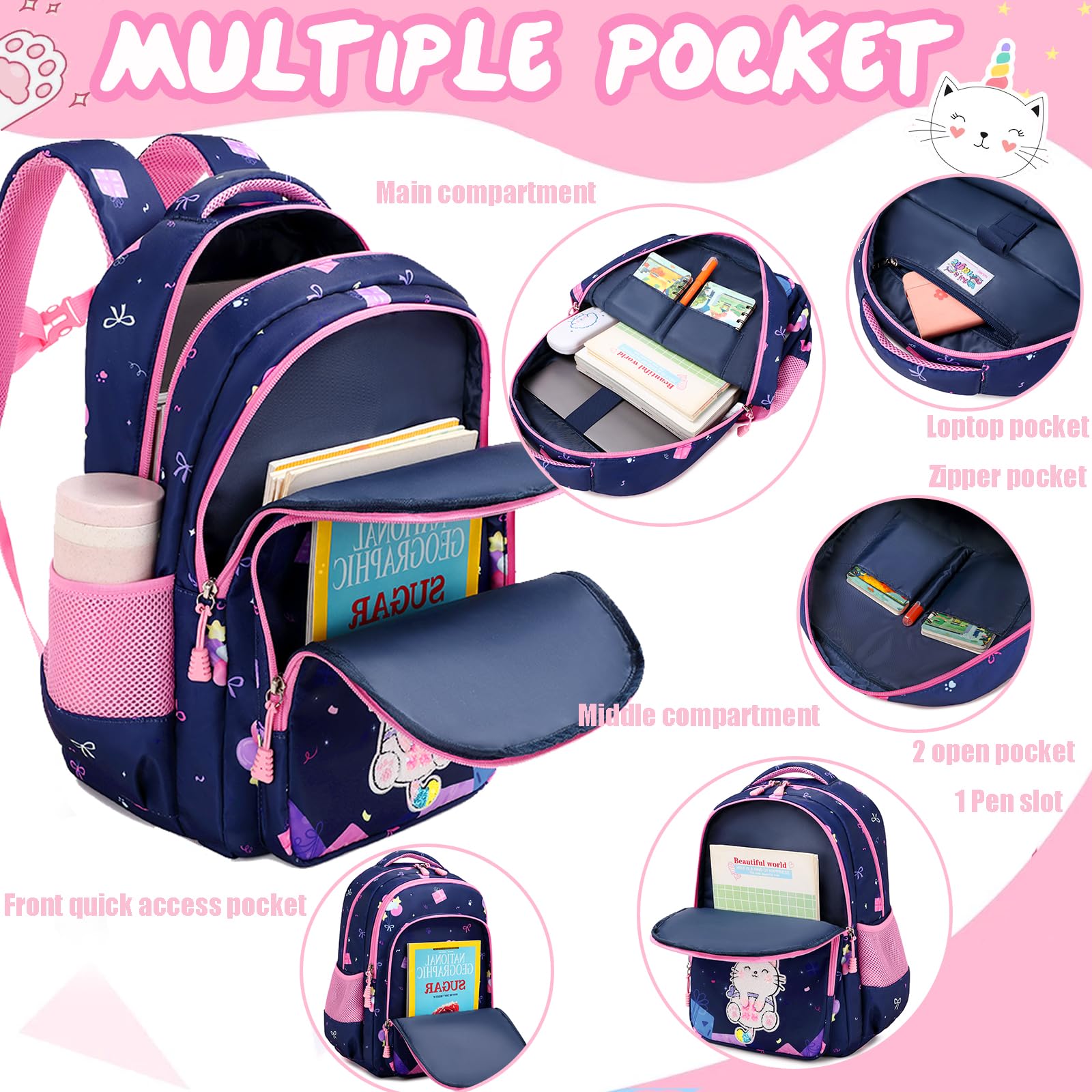 Unicorn Cat Print Backpack for Girls - Lightweight Water Resistant School Backpack with Lunch Box | Cute Elementary Bookbag for Kids, Travel & Daily Use