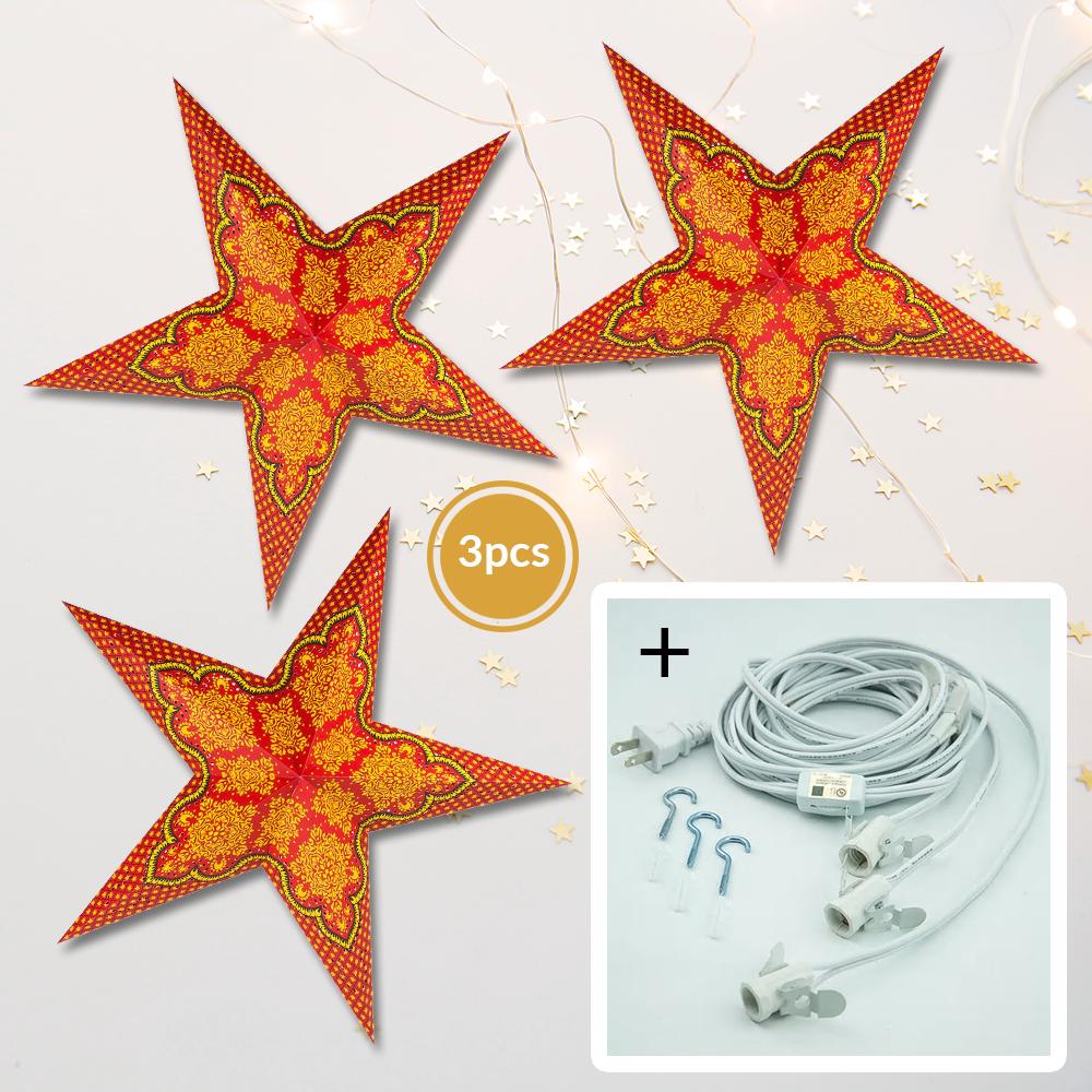 3 Pack 24 Inch Arabian Illuminated Paper Star Lantern with LED Bulbs & Lamp Cord - Ramadan, Eid, Christmas Decor for Home, Party, Wedding & Outdoor Lighting