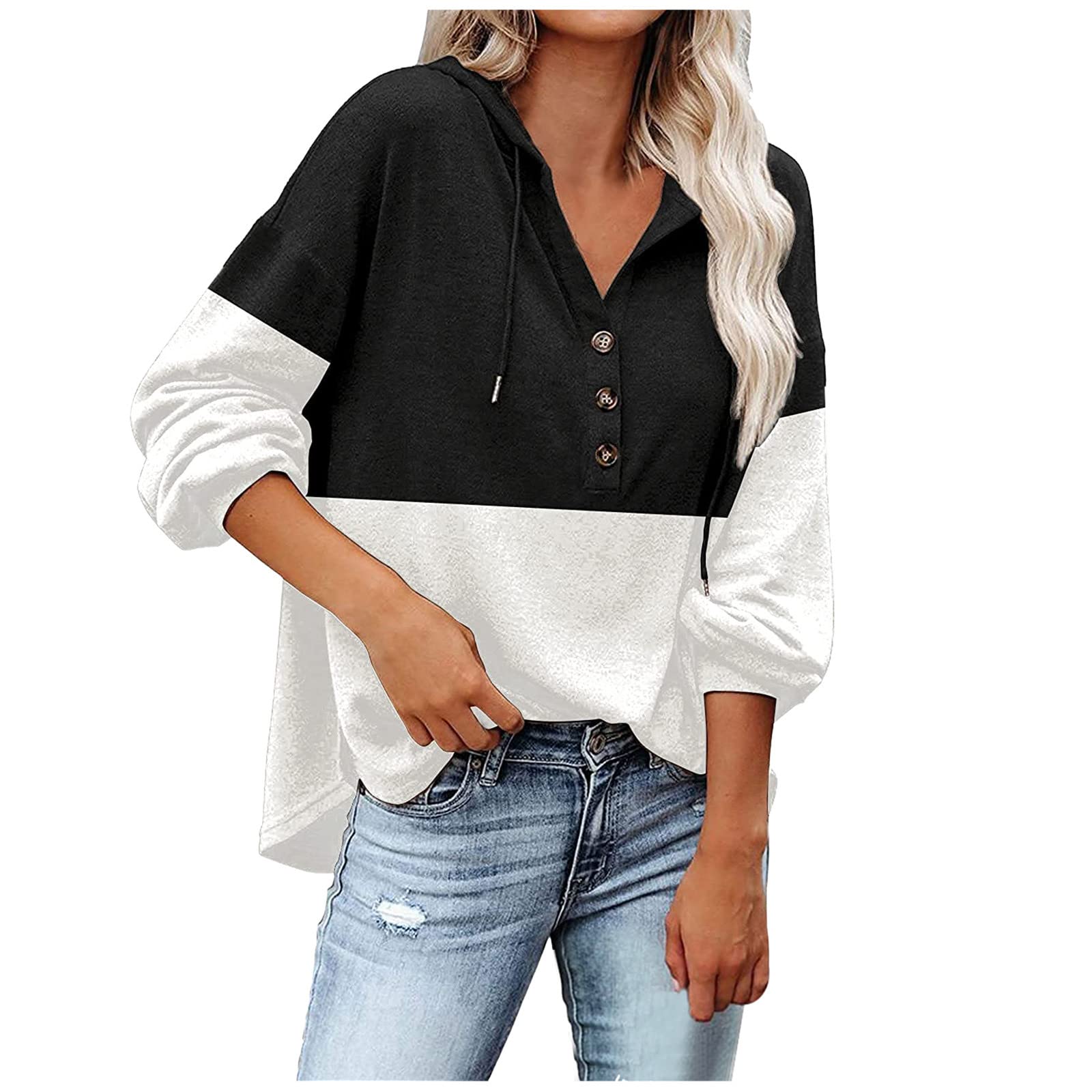 Women's V-Neck Long Sleeve Henley Shirt - Button Down Sweatshirt Hoodie & Tunic Top with Drawstring - Casual Blouse for Everyday Wear, Work & Outdoor Activities