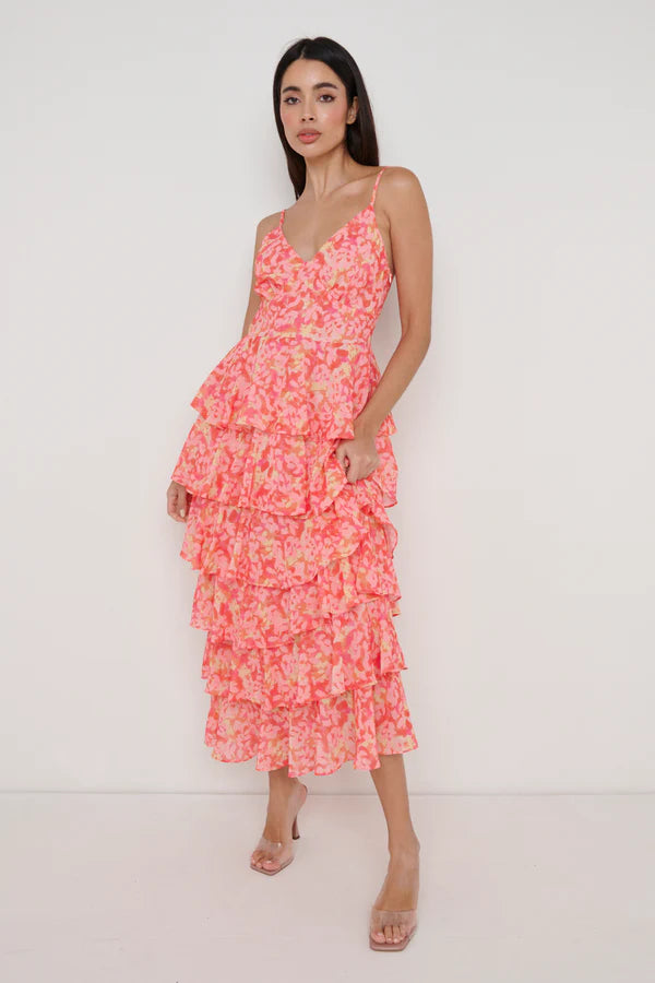 LISSY Ruffle Midi Dress for Women - Floral Print, Orange & Pink, Summer Casual & Party Wear - Perfect for Beach, Vacation, and Date Nights