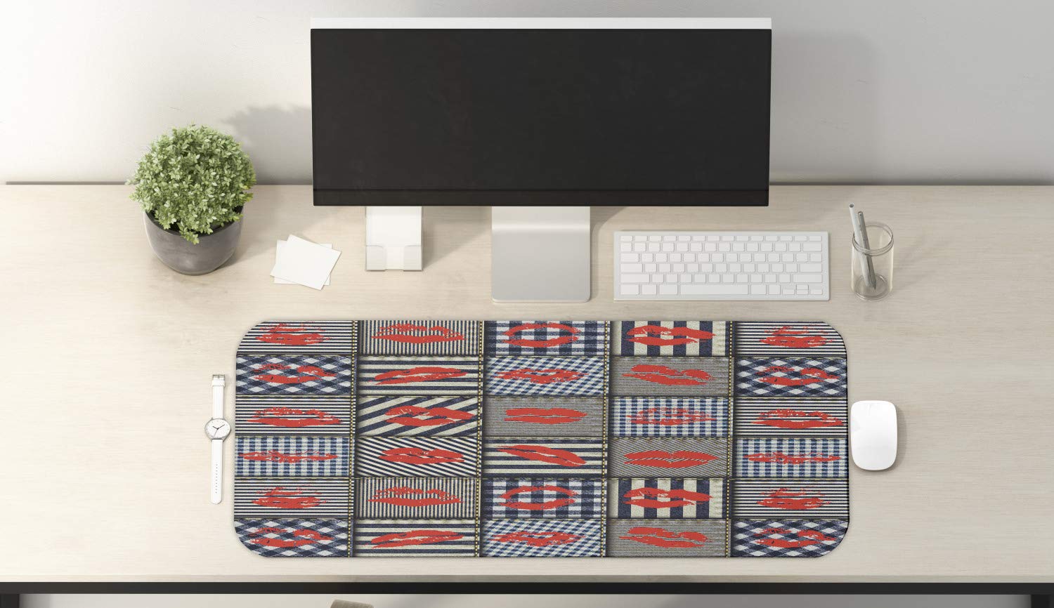 Ambesonne Colorful Non-Slip Gaming Mouse Pad - Stylish Lipstick Kiss & Houndstooth Pattern - Large 31