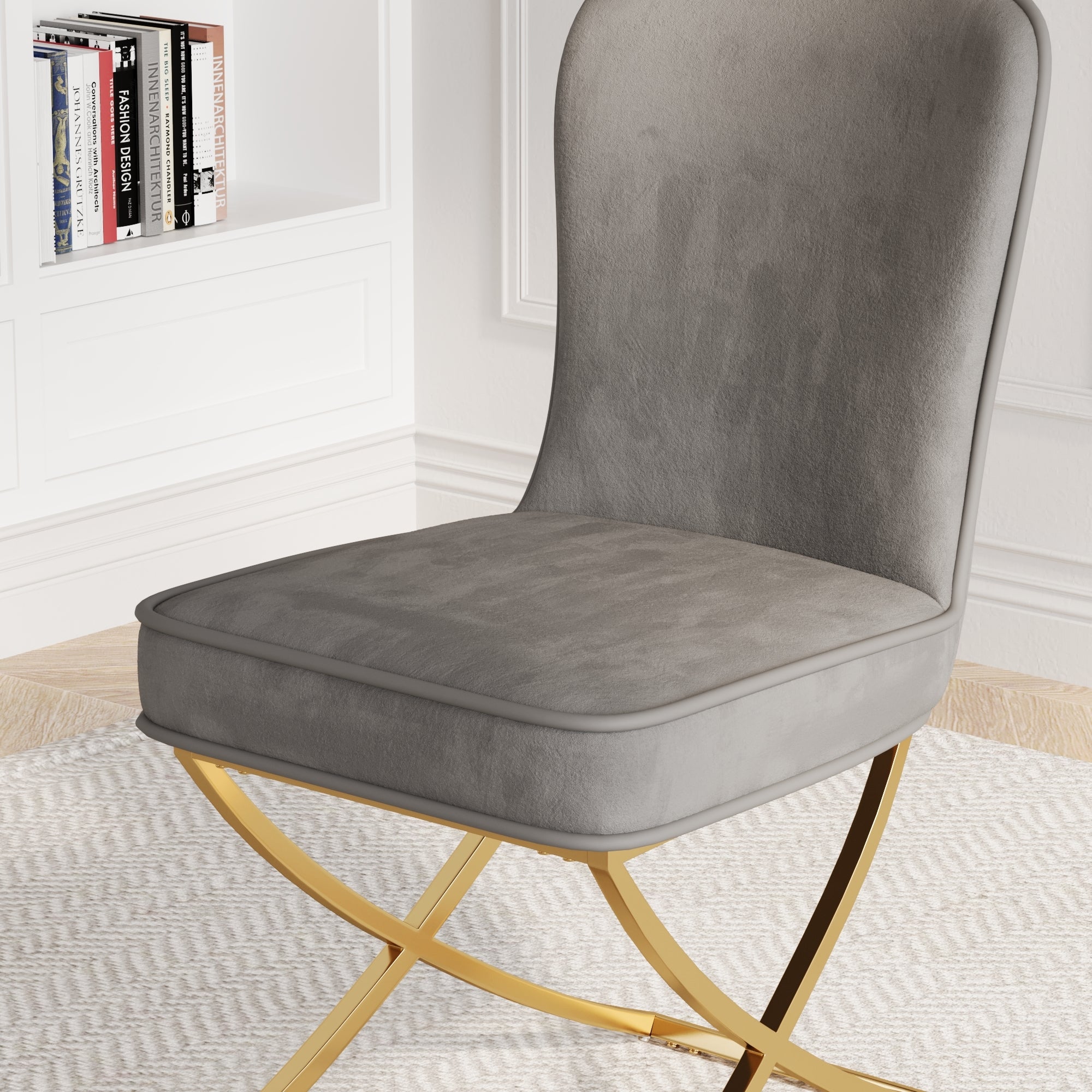 4-Piece Grey Velvet Dining Chair Set with Golden Metal Legs - Modern Kitchen, Living Room, Office & Leisure Chairs for Home Decor