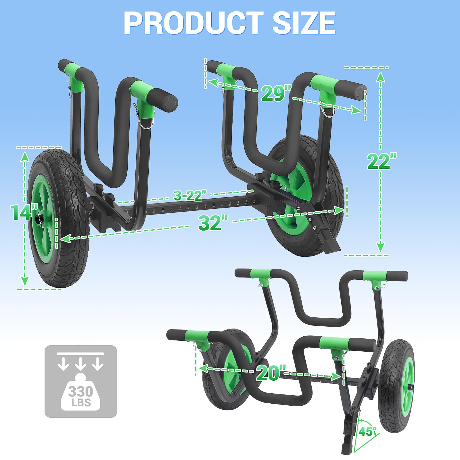 2 in 1 Kayak Cart & SUP Board Cart - Heavy Duty Kayak Trolley with Adjustable Bi-Directional Bunker Bars & 14