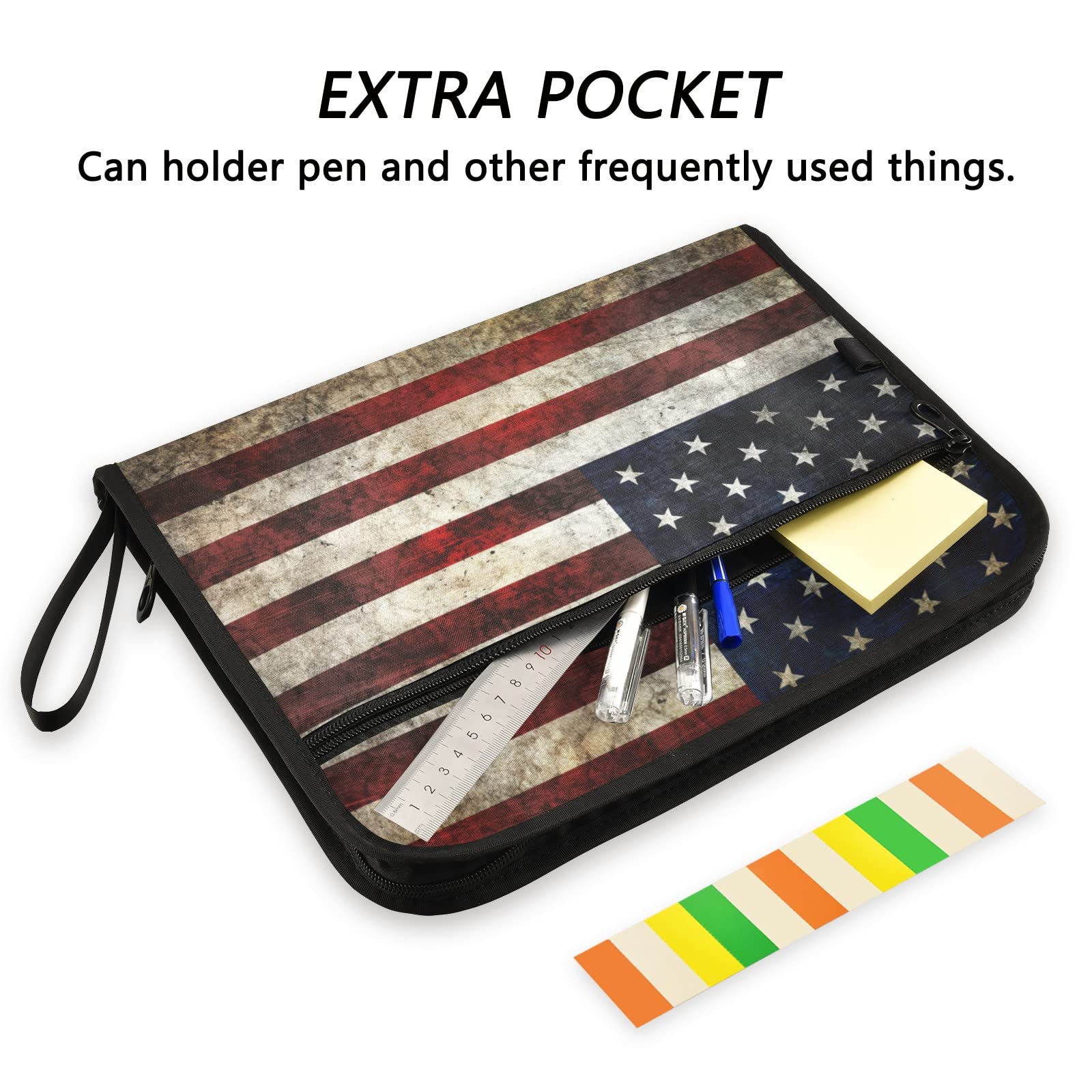 ZZKKO Grungy USA Flag 13-Pocket Expanding File Folder with Sticky Labels - Accordion Document Organizer for Letter & A4 Size Papers - Expandable File Keeper for Office, School, Home Organization & Tax Documents
