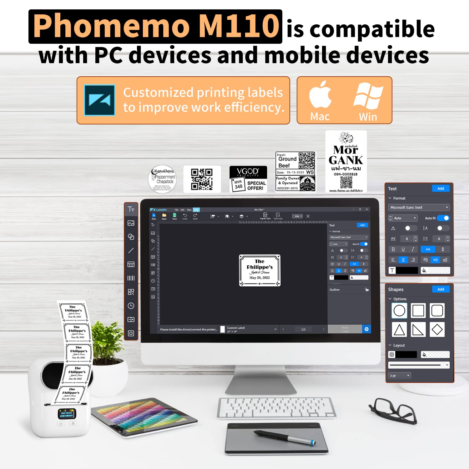 Phomemo M110 Portable Bluetooth Thermal Label Printer - 40x30mm Barcode Sticker Maker for Small Business, Shipping, Address, Logo & Clothing Labels | Perfect for Home Office, Retail & E-commerce Packaging