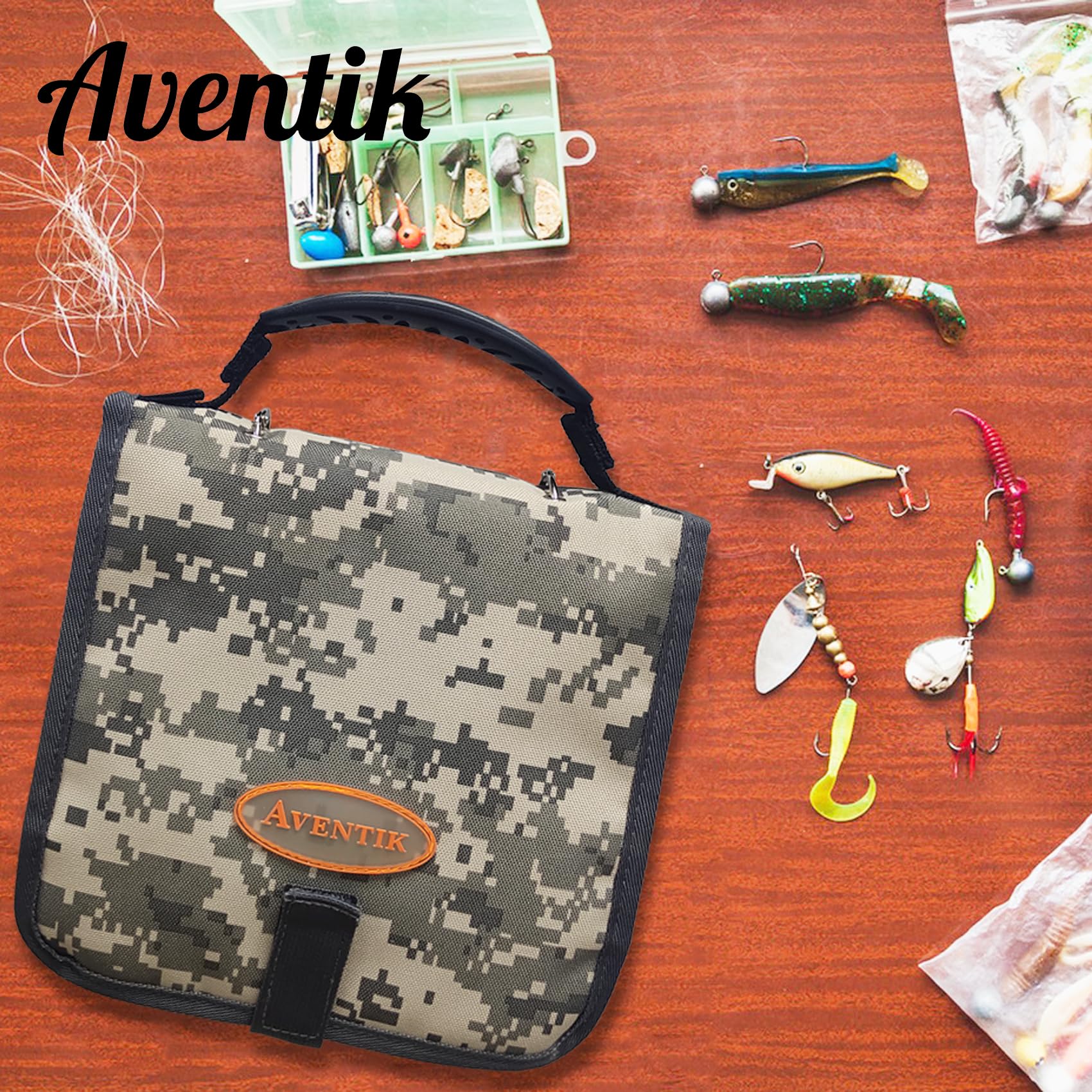 Aventik Fishing Tackle Binder - Waterproof Soft Bait Organizer Storage Bag 8.5x8.5x1.1 Inch - Camouflage Design for Saltwater & Freshwater Fishing Gear Protection - Perfect for Boat, Kayak and Shore Fishing Trips