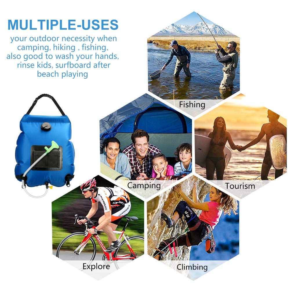 5 Gallon Solar Shower Bag - 20L Portable Camping Shower with Removable Hose & On/Off Switchable Shower Head | Perfect for Beach, Hiking, RV Trips & Outdoor Adventures | Ducha Portatil for Travel & Emergency Use