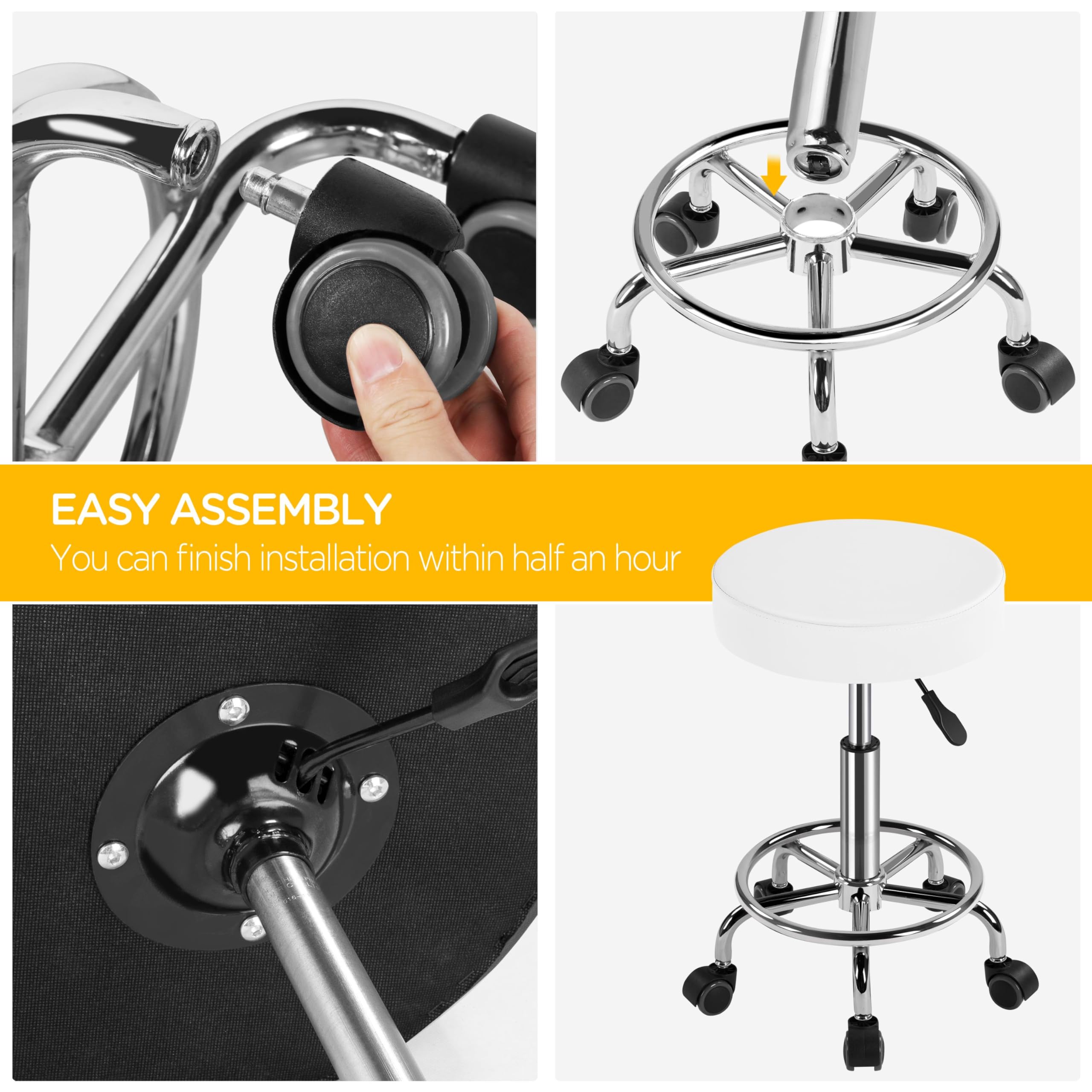 Topeakmart Adjustable Rolling Stool with Footrest - Swivel Spa Chair for Tattoo, Massage, Office & Beauty Salon - PU Leather Drafting Stool with Height Adjustment (White) - Perfect for Tattoo Artists, Hair Stylists, and Salon Professionals