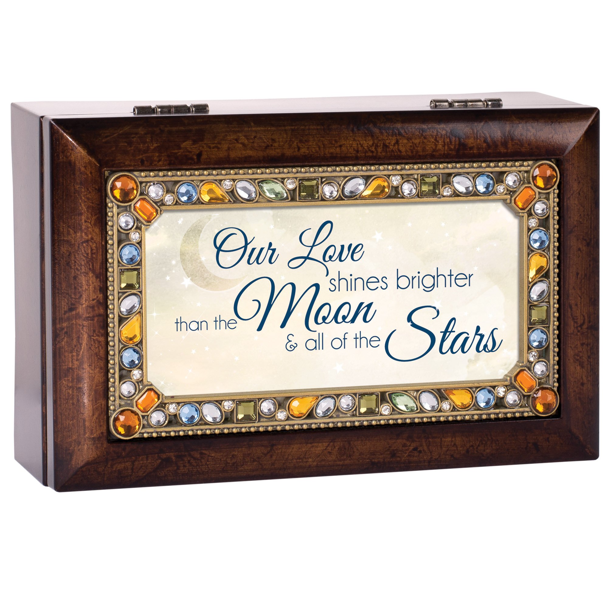 Romantic Cottage Garden 'Our Love Shines Brighter' Moon & Stars Wooden Jewelry Music Box - Plays 'You Light Up My Life' Song | Perfect for Anniversaries, Valentine's Day Gifts & Wedding Keepsakes